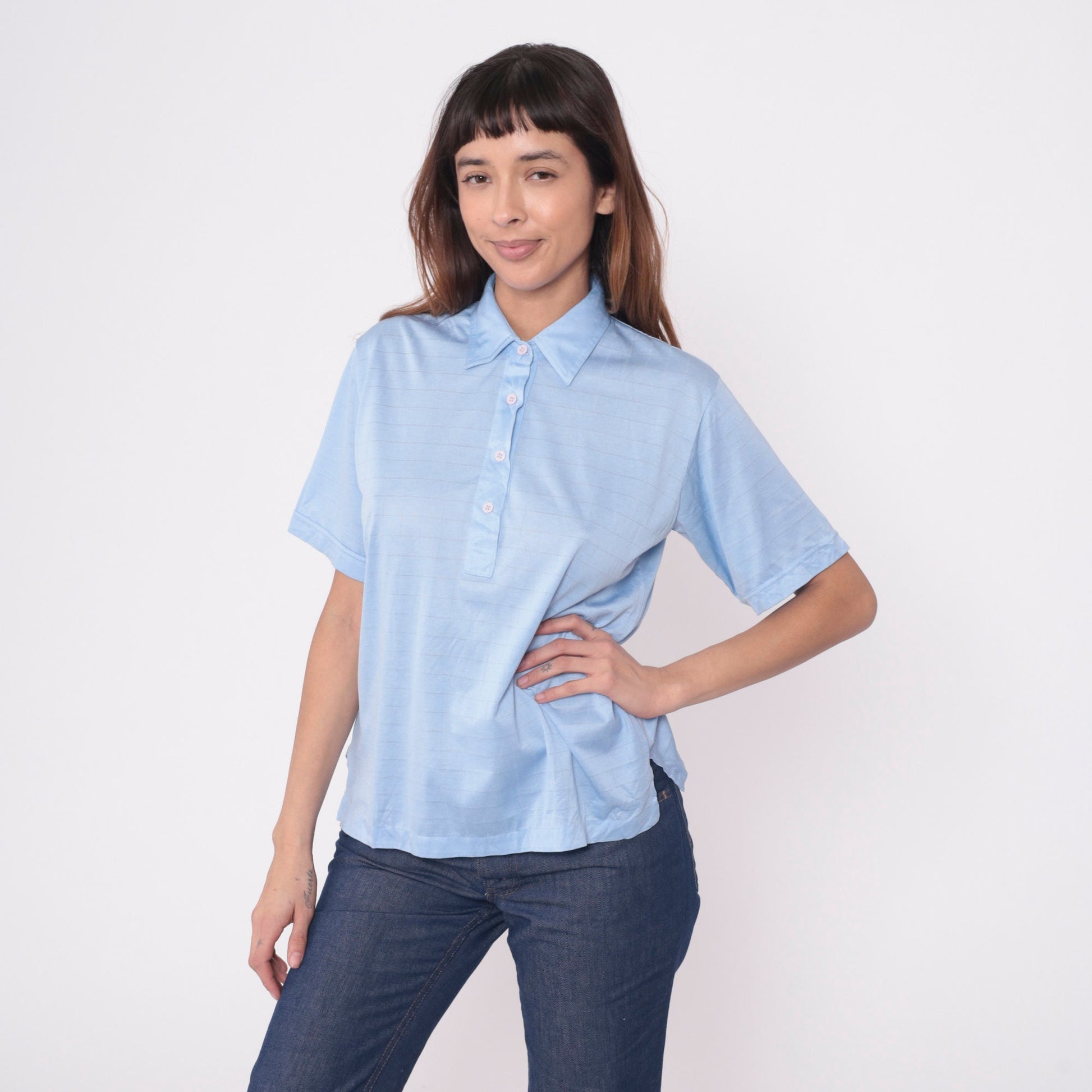 80s Lady Cougar Polo Shirt Baby Blue Grid Print Quarter Button Medium