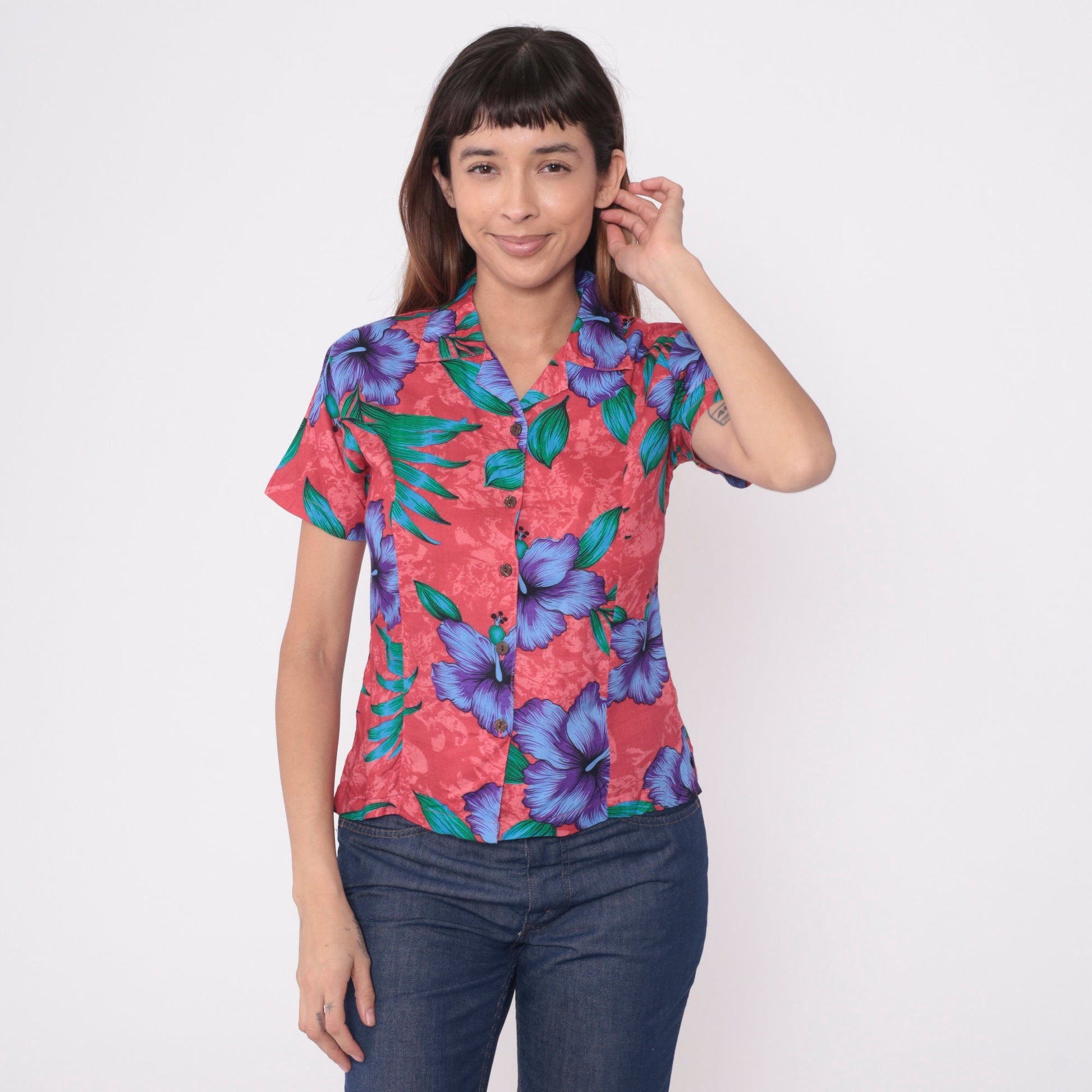 90s Red Tropical Floral Hibiscus Button-Up Blouse Short Sleeve Small