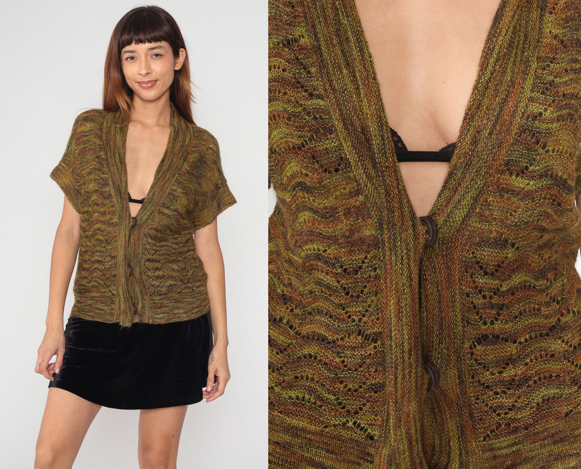90s Jones New York Space Dye Cardigan Brown Green Mohair Blend Short Sleeve Small