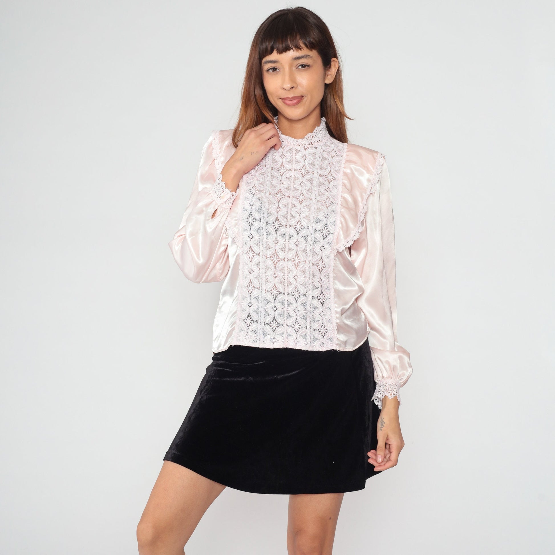80s Baby Pink Lace Blouse Mock Neck Ruffled Long Sleeve Satin Shirt Medium