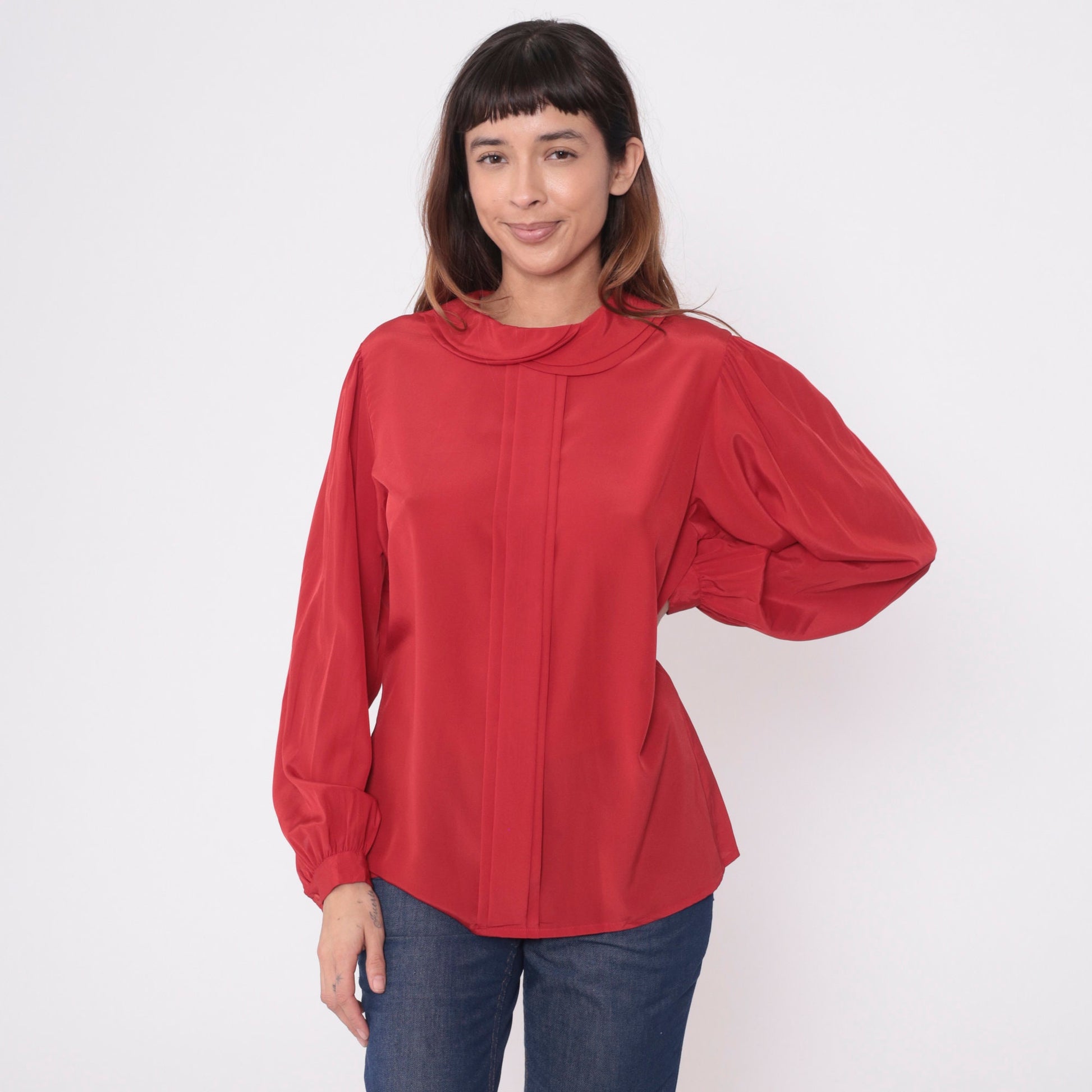 80s Red Puff Sleeve Blouse Peter Pan Collar Pleated Button Up Medium