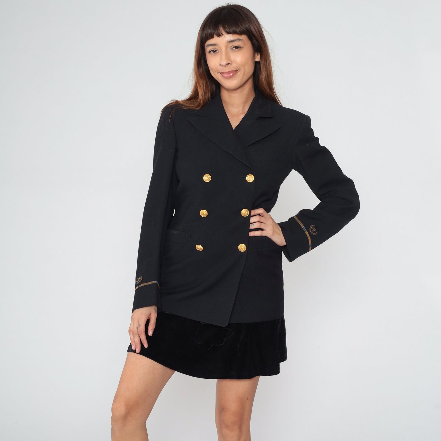 80s Wender and Goldstein Black Wool Double Breasted Blazer Gold Nautical Buttons Small S