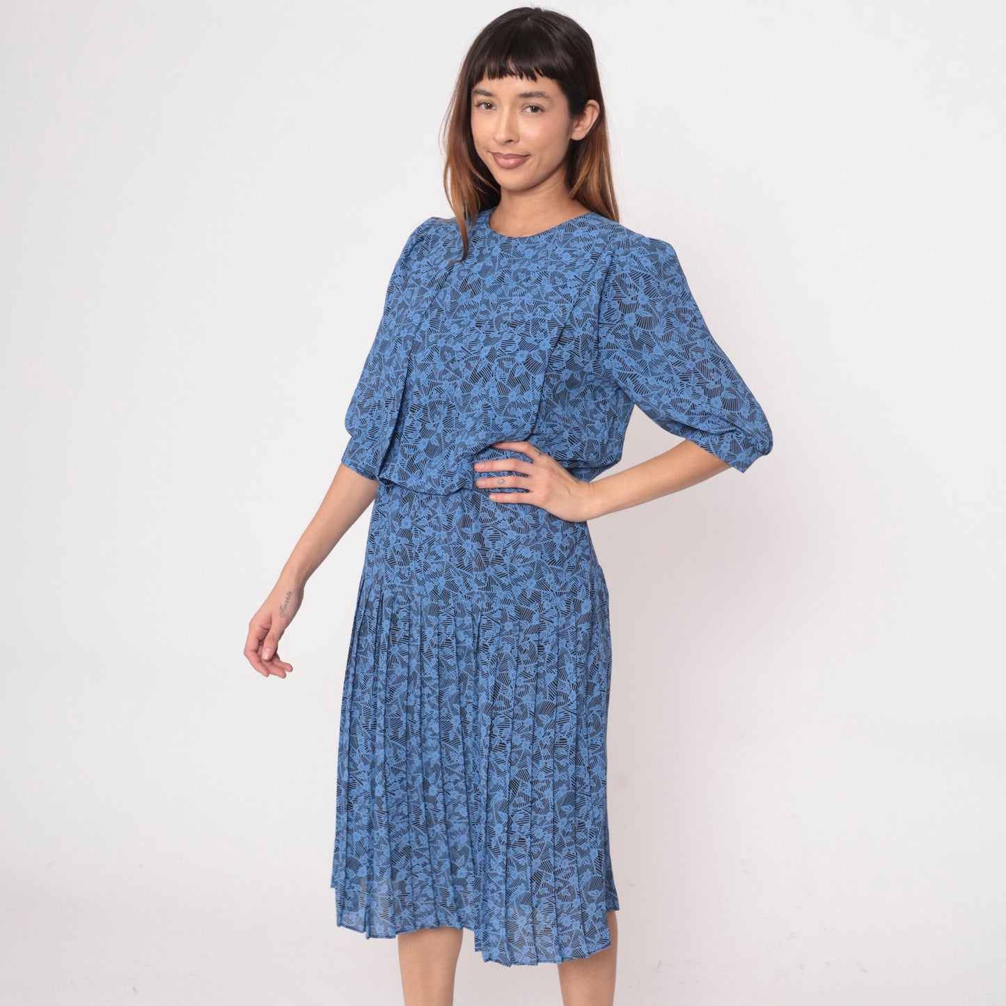 80s Blue Floral Midi Dress Puff Sleeve Pleated High Waist Medium