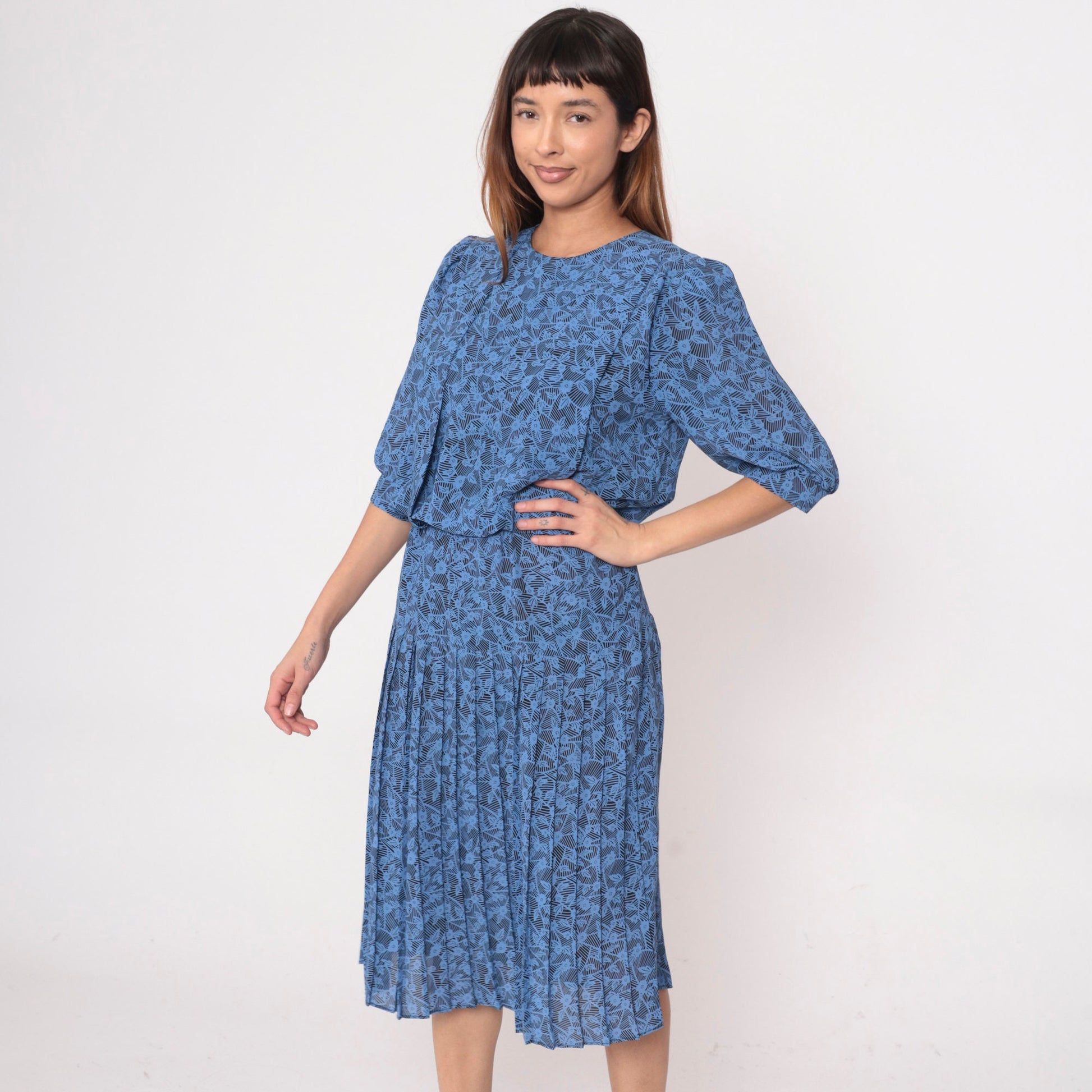 80s Blue Floral Midi Dress Puff Sleeve Pleated High Waist Medium