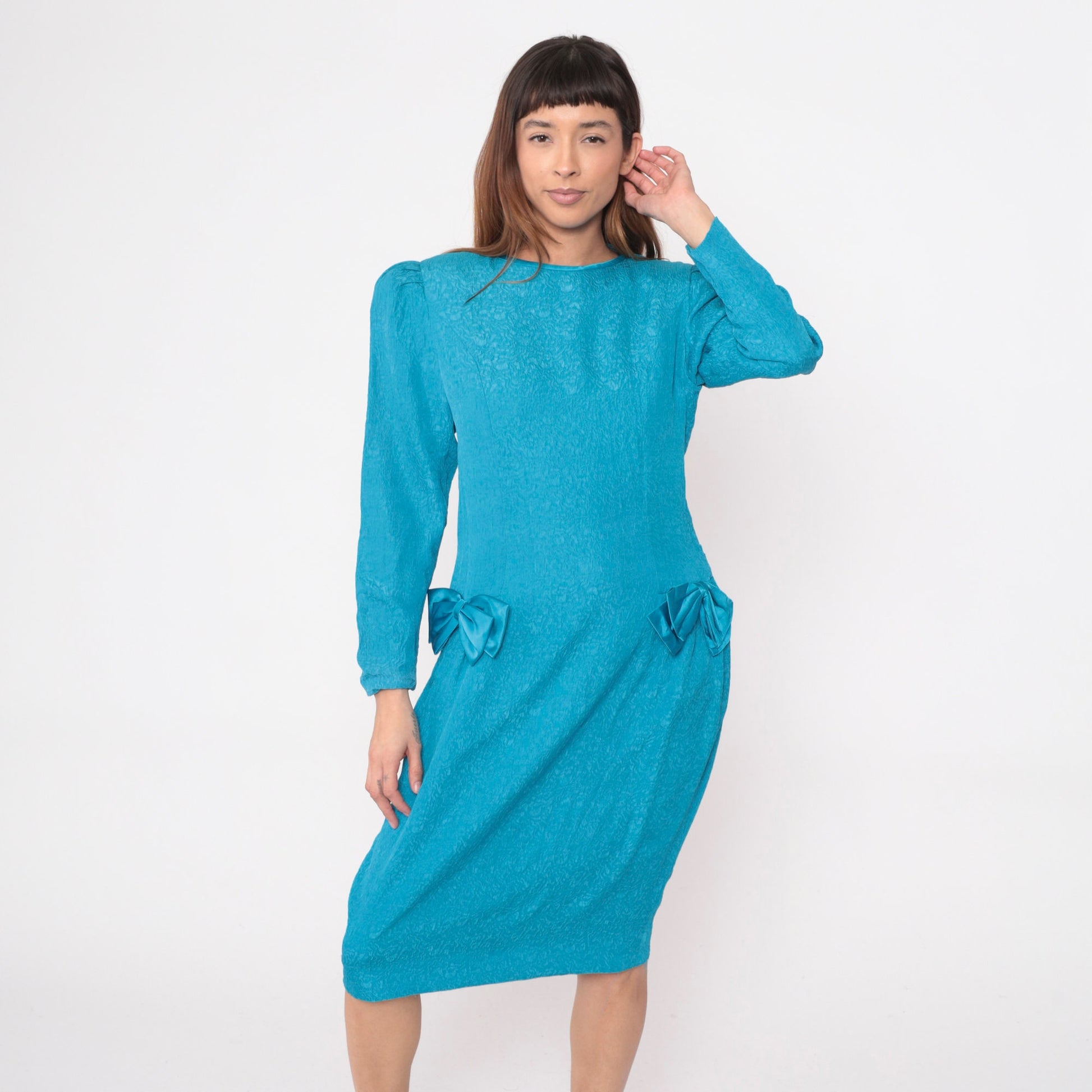 80s Richard Warren Turquoise Silk Midi Dress Puff Sleeve Bow Medium