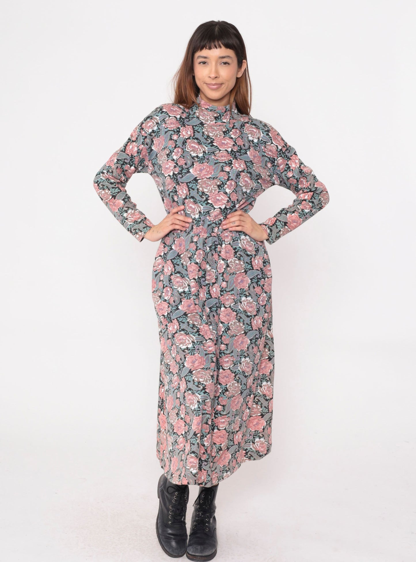90s Floral Paisley Mock Neck Midi Dress Pink Blue Long Sleeve Small