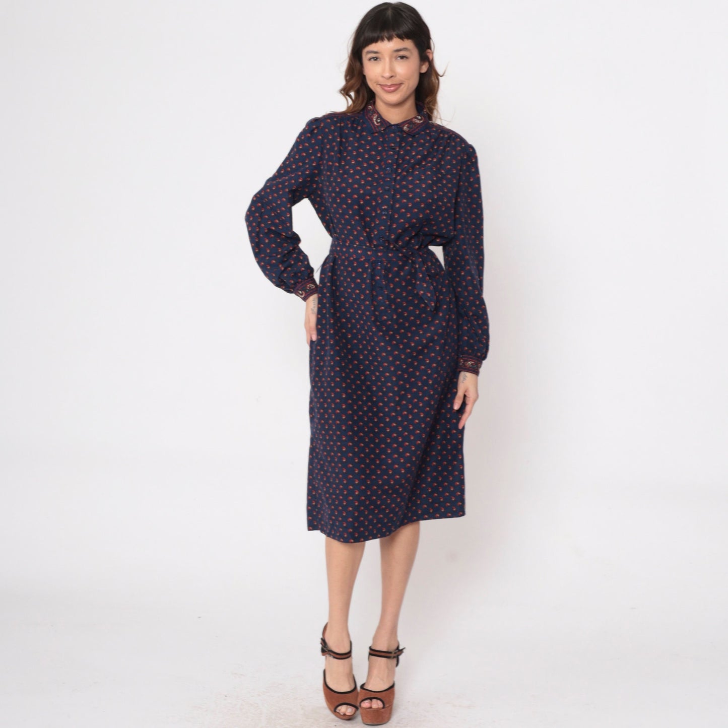 80s Dark Blue Paisley Midi Shirtdress Button-Up Long Sleeve Red Print Large