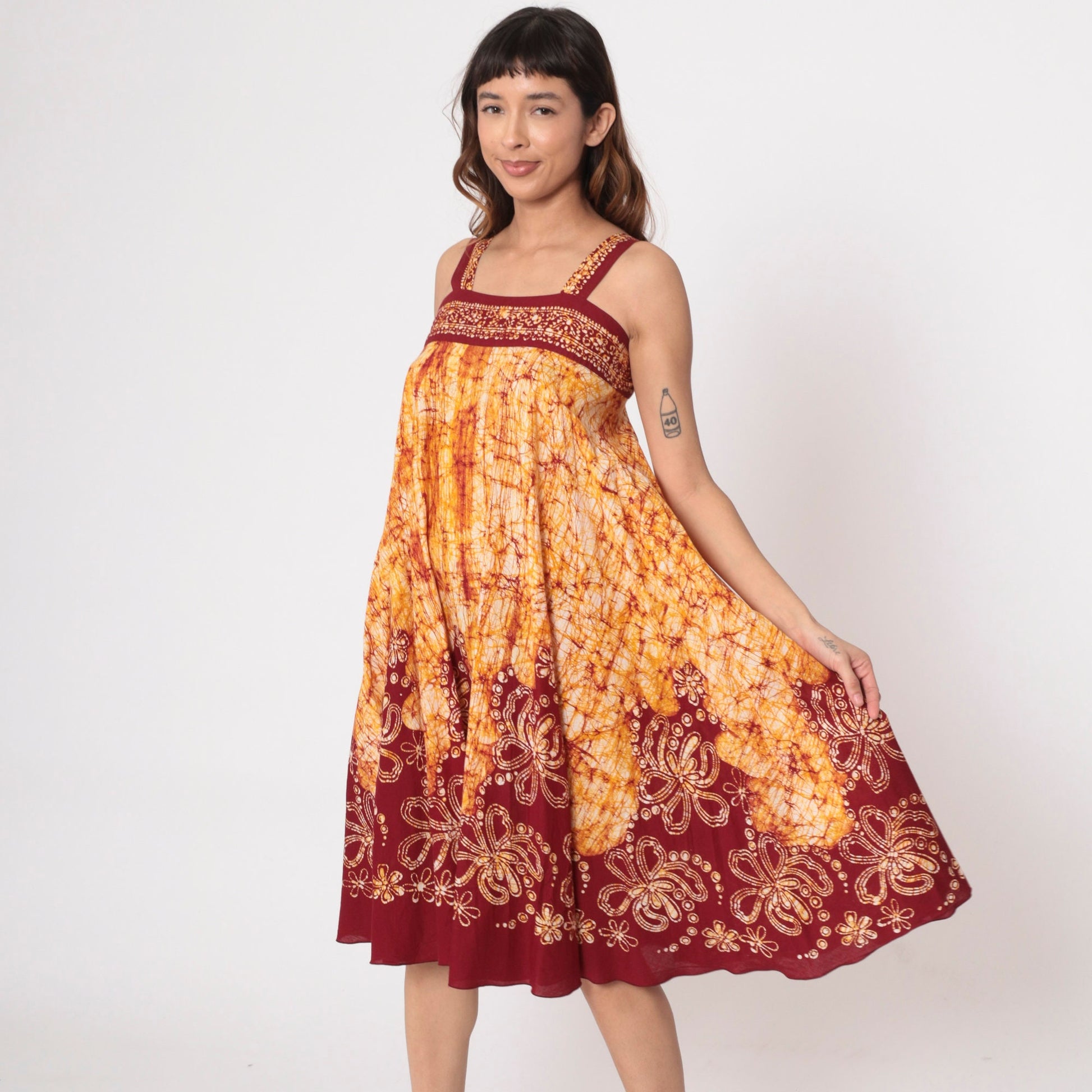 00s Batik Floral Sundress Tropical Print Tank Mini Yellow Red Small S
