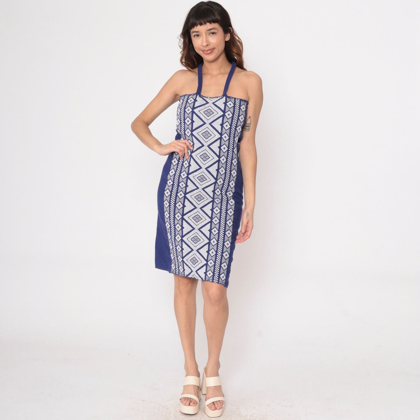 90s Blue Aztec Embroidered Midi Sundress Criss-Cross Spaghetti Strap Extra Small XS