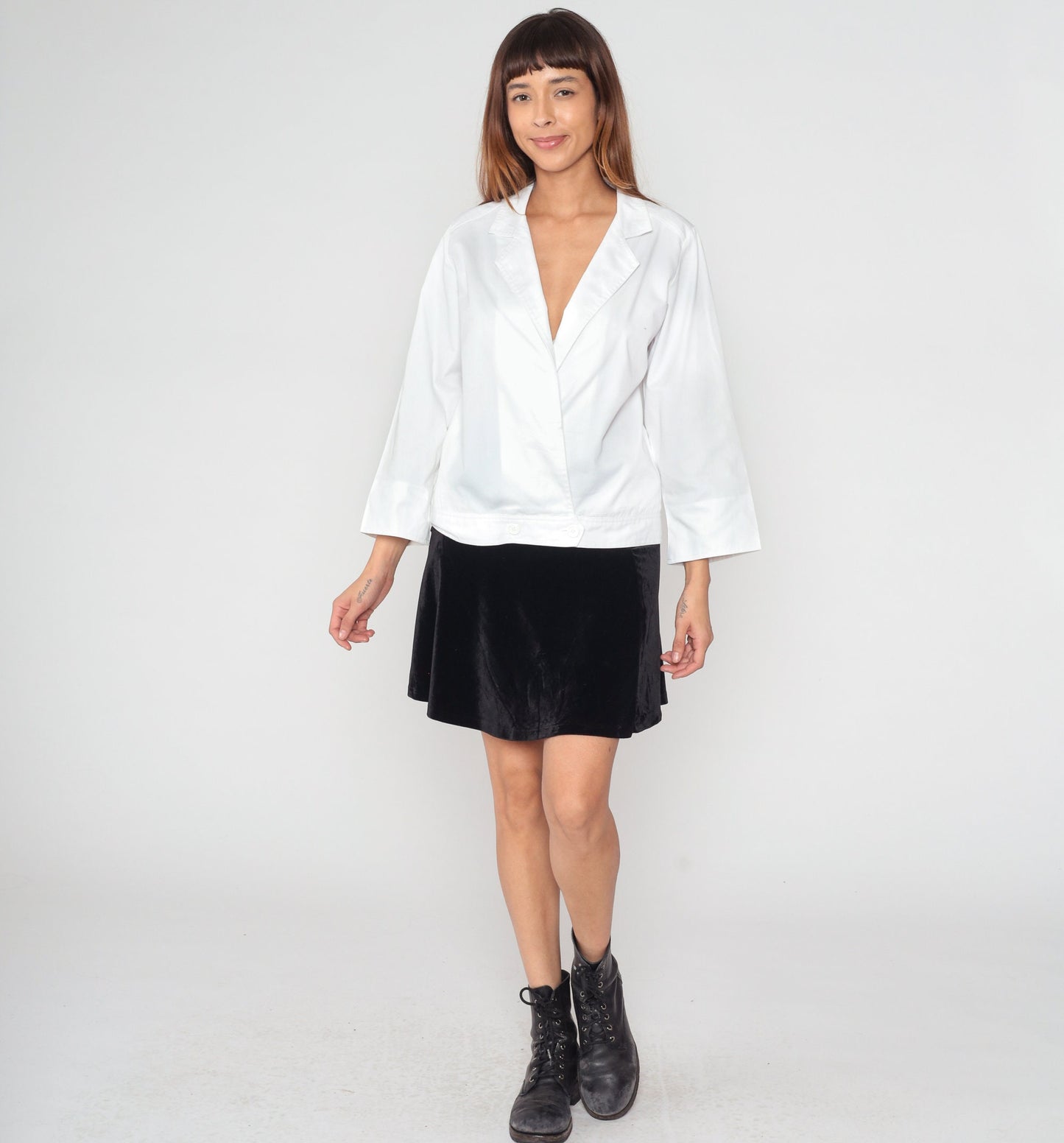 90s Mary McFadden White Double Breasted Blazer Deep V Neck Small S