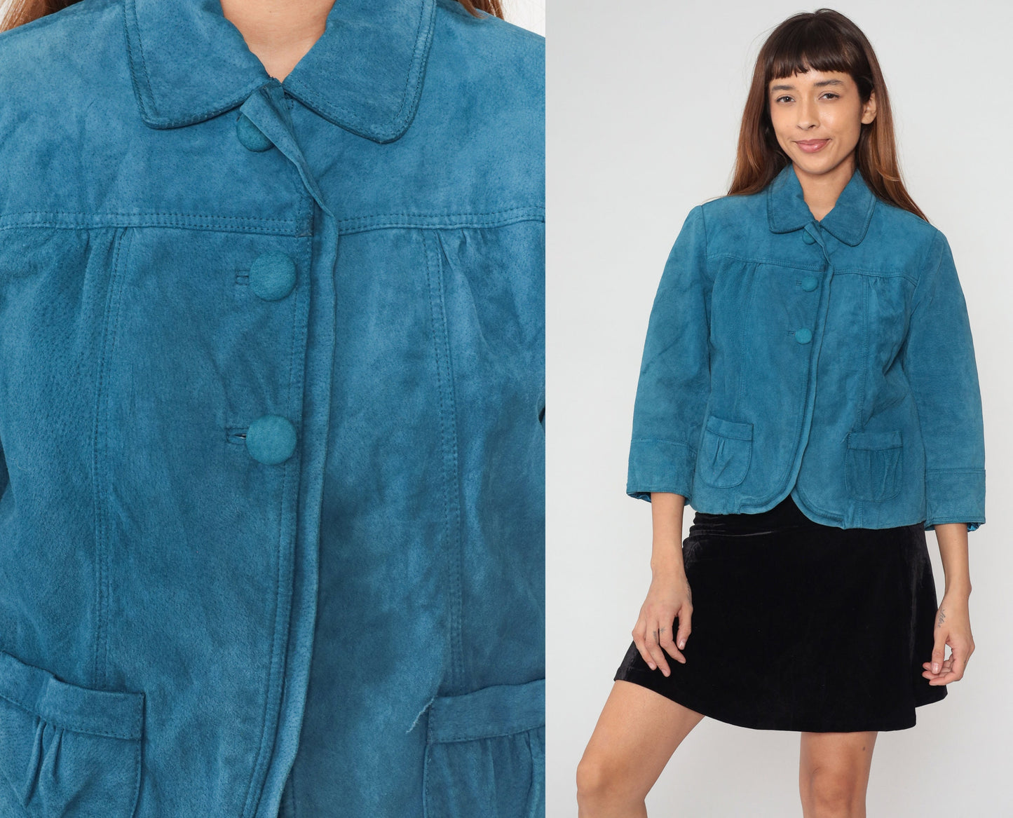 Y2K Chico's Blue Suede Jacket Cropped Button-Up 3/4 Sleeve Extra Small