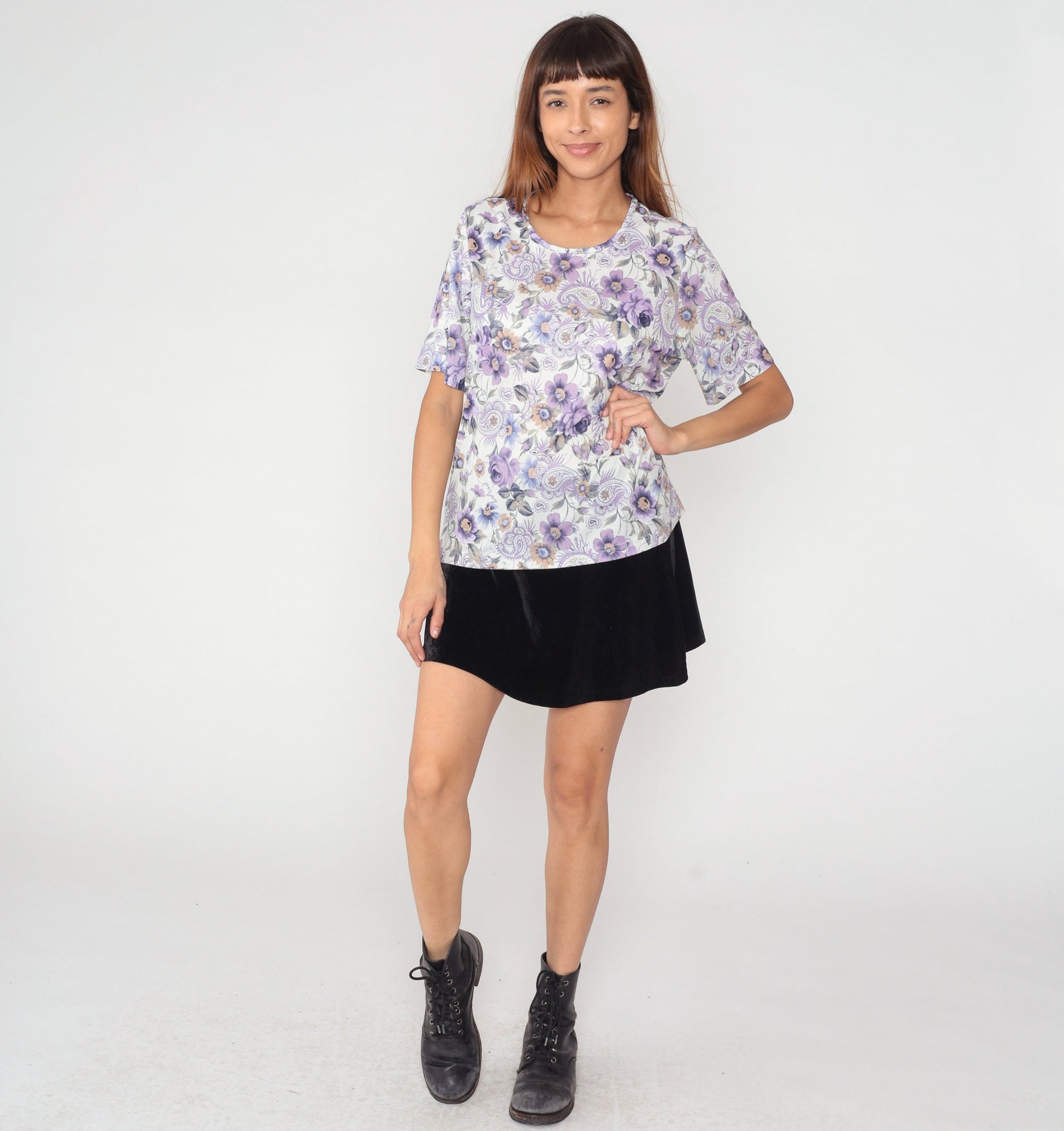 90s Purple Paisley Floral Print Blouse White Short Sleeve Top Large L