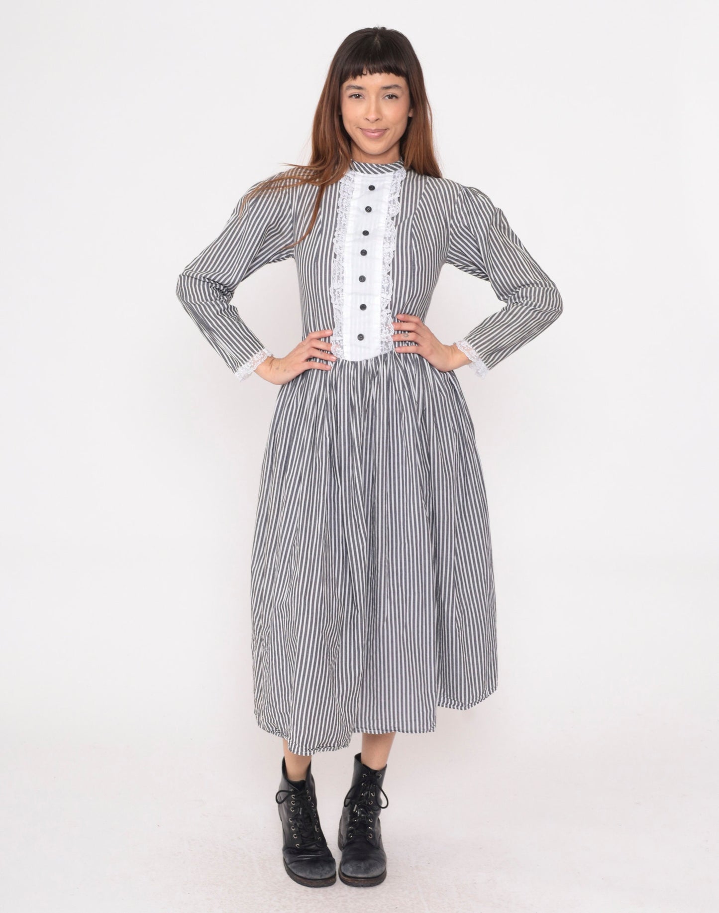 80s Grey White Striped Midi Dress Tuxedo Lace Bib Puff Sleeve Small