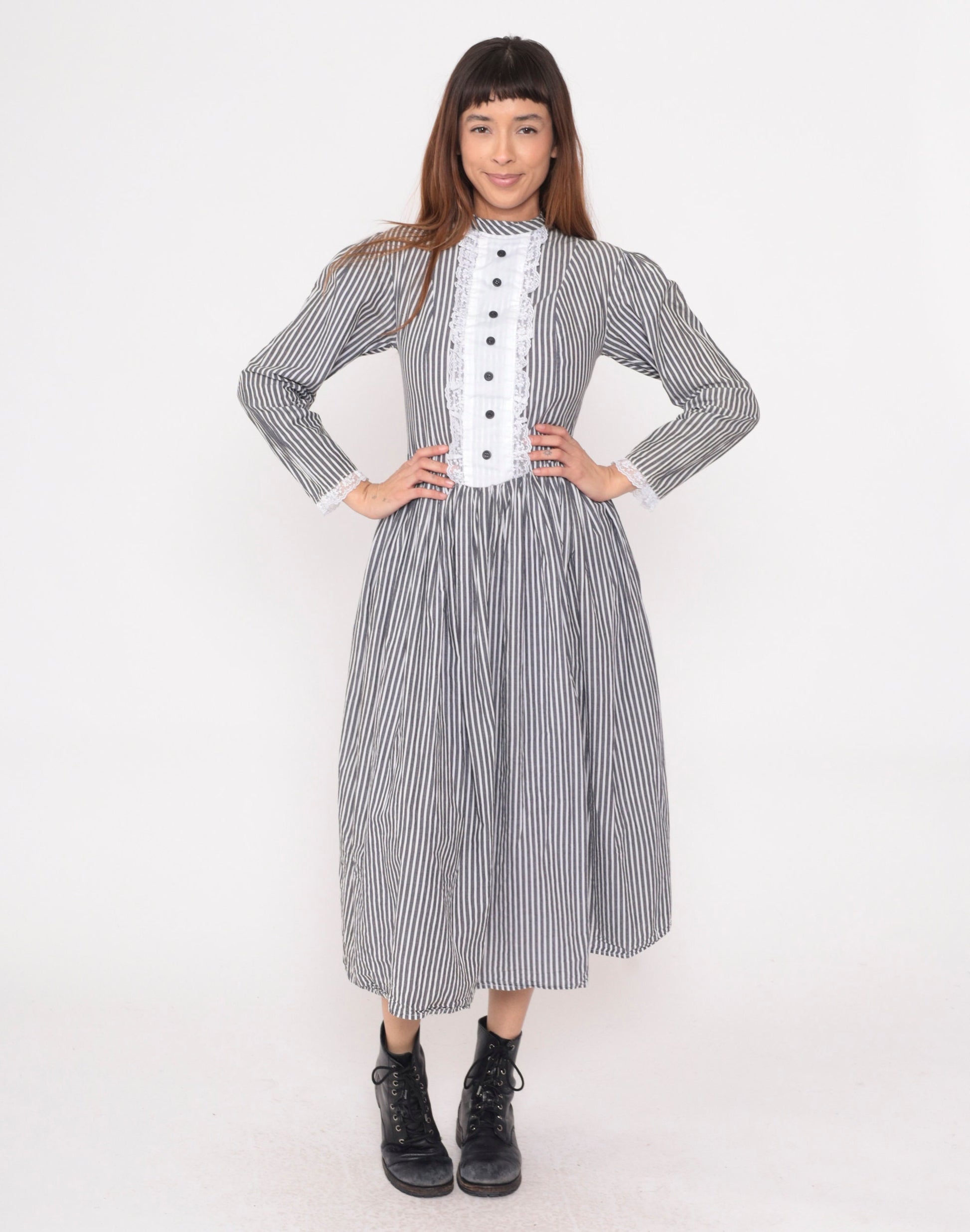 80s Grey White Striped Midi Dress Tuxedo Lace Bib Puff Sleeve Small