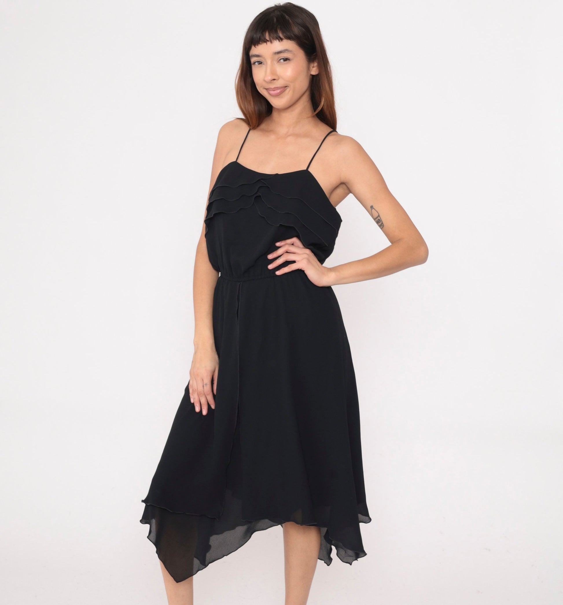 1970s Black Saks Fifth Avenue Midi Dress Ruffled Neckline Spaghetti Strap Small