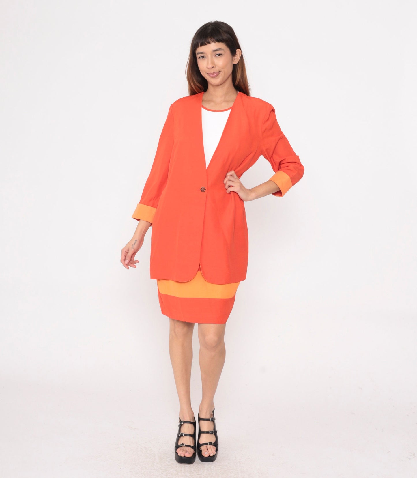 80s Orange Two-Tone Shift Dress with Attached Jacket Mini Medium