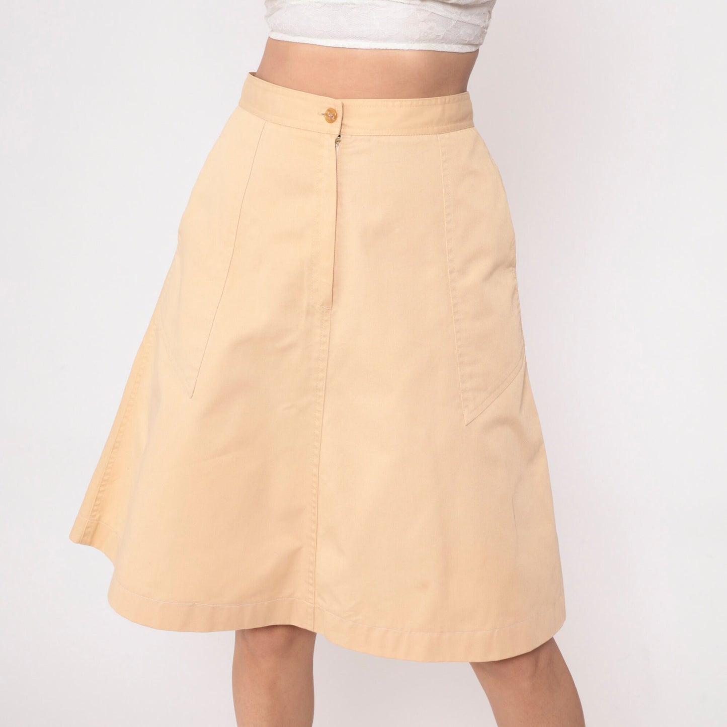 70s Tan A-Line Midi Skirt High Waist Pockets Front Zip Small