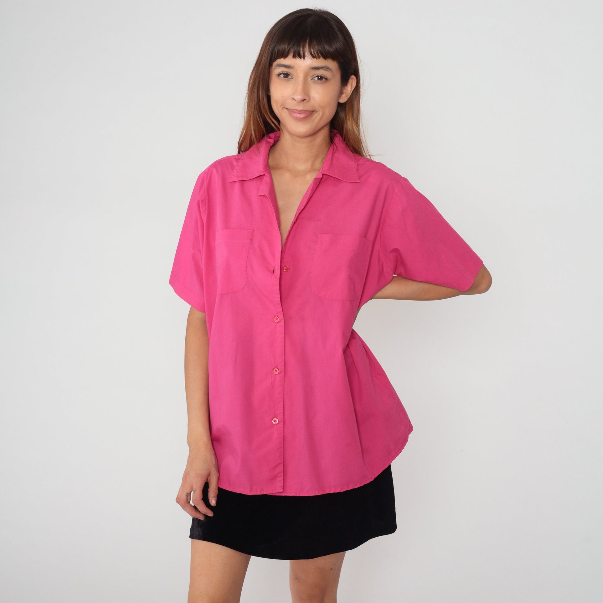 80s Pink Button-Up Blouse Short Sleeve Collared Shirt Cotton Blend Extra Large