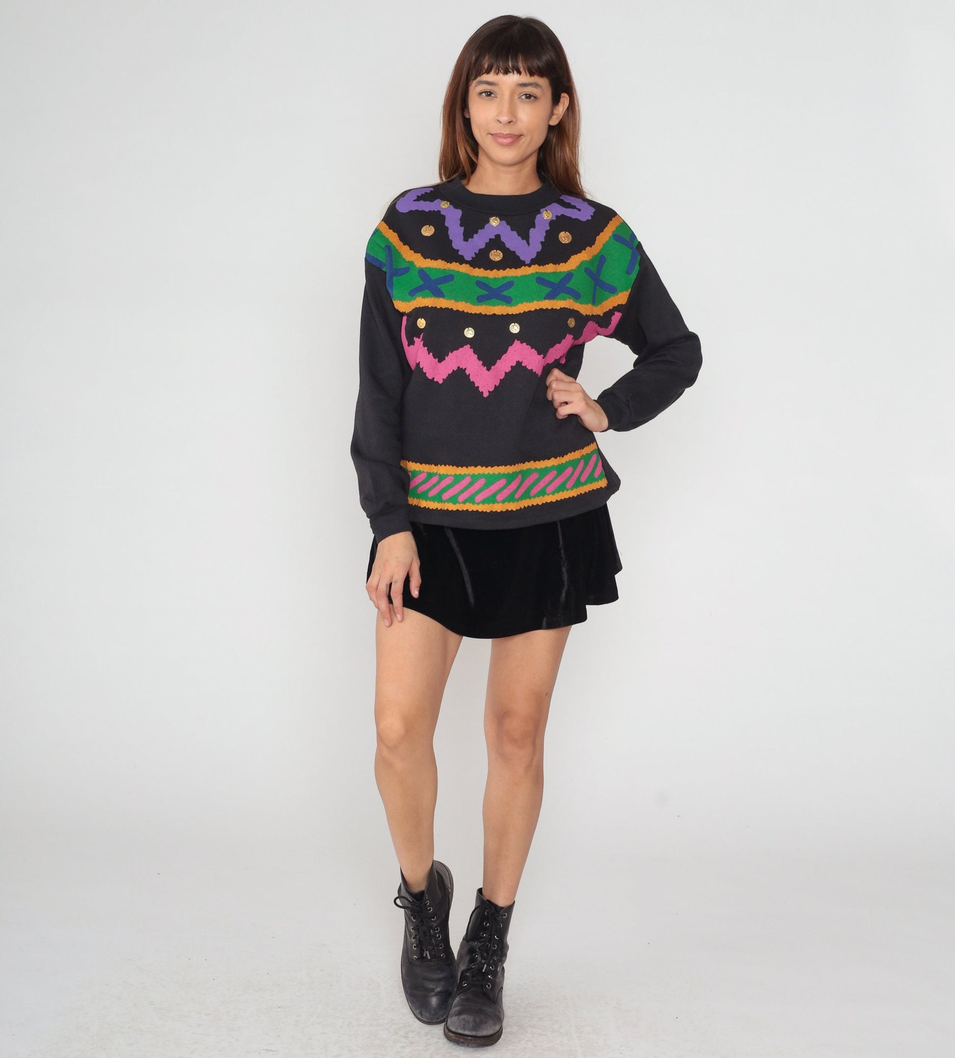 90s California Trends Black Sweatshirt Gold Coin Embellished Abstract Squiggle Small