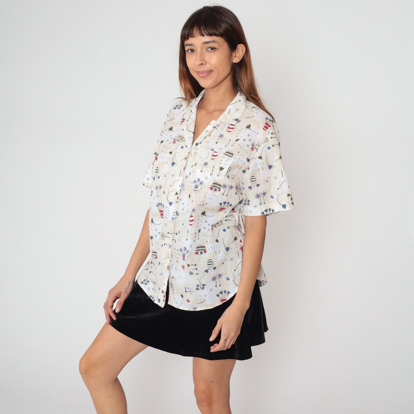 90s Floral Flowerpot Button-Up Blouse Beige Short Sleeve Collared Top Large L
