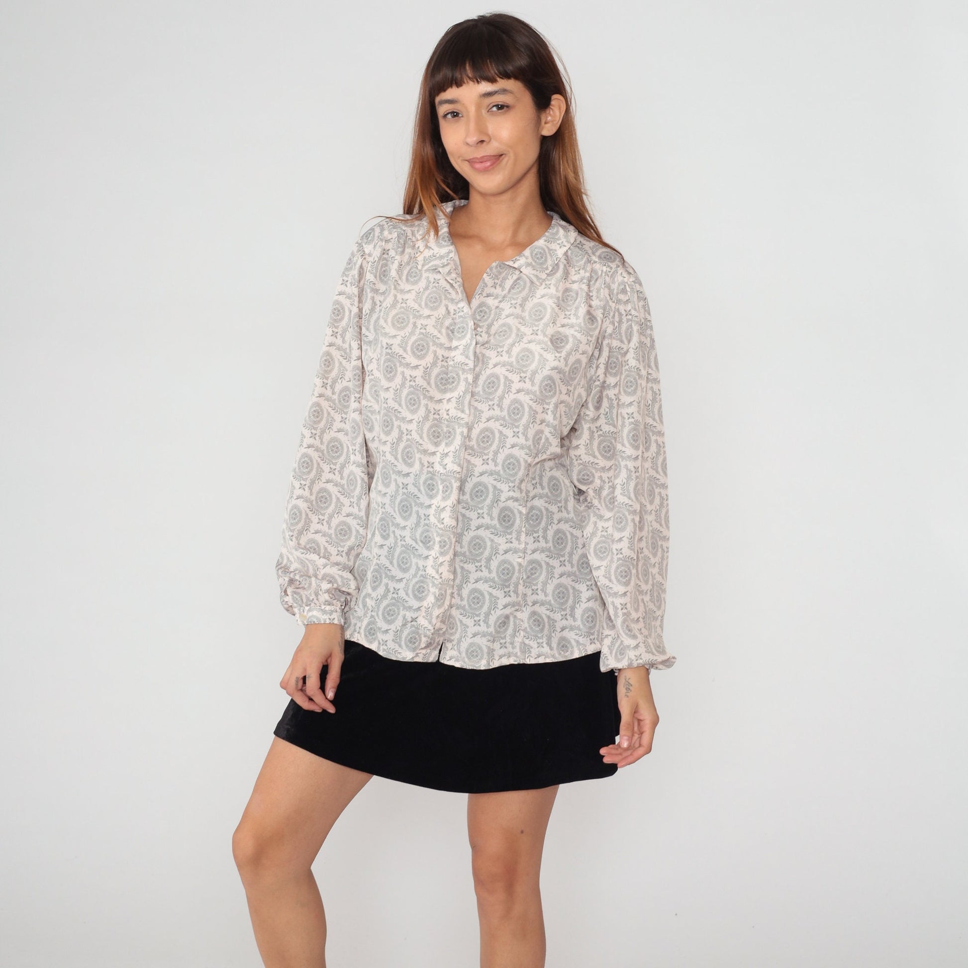 80s Worthington Floral Mandala Vine Print Button-Up Blouse Grey White Extra Large
