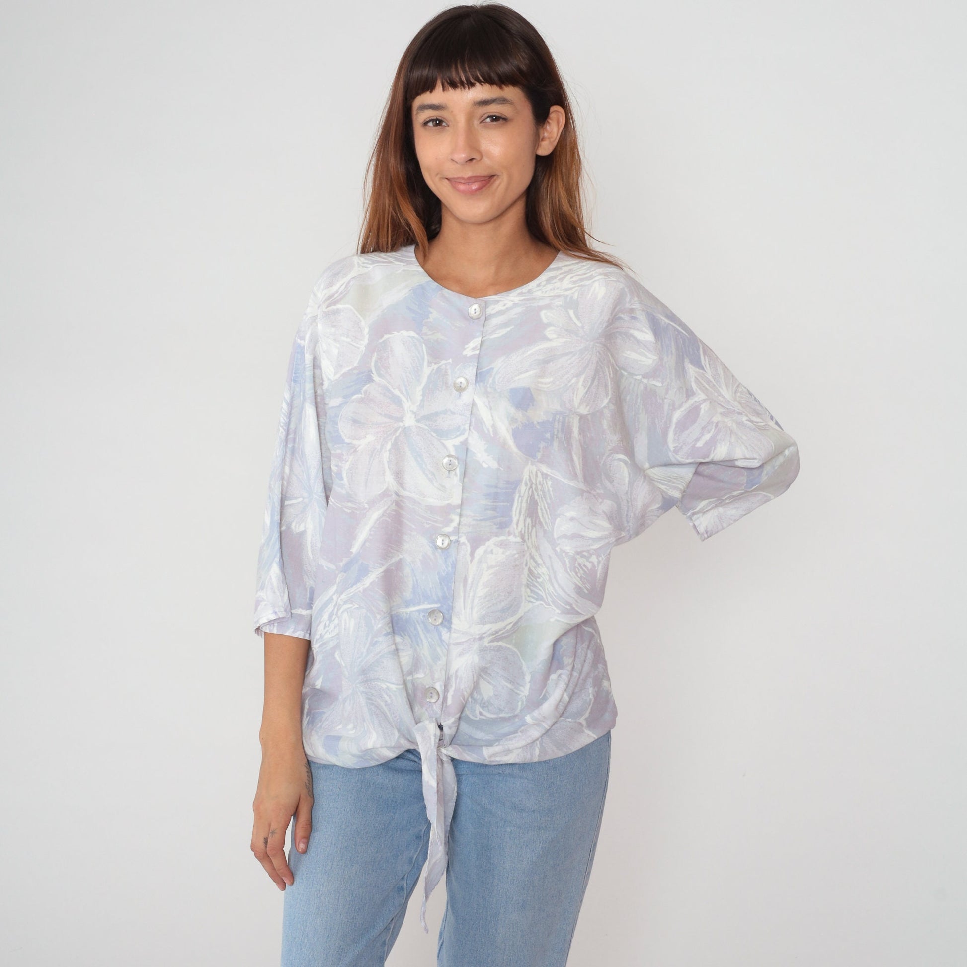 80s S.L. Fashions Floral Tie-Front Blouse Dolman Sleeve Purple Extra Large