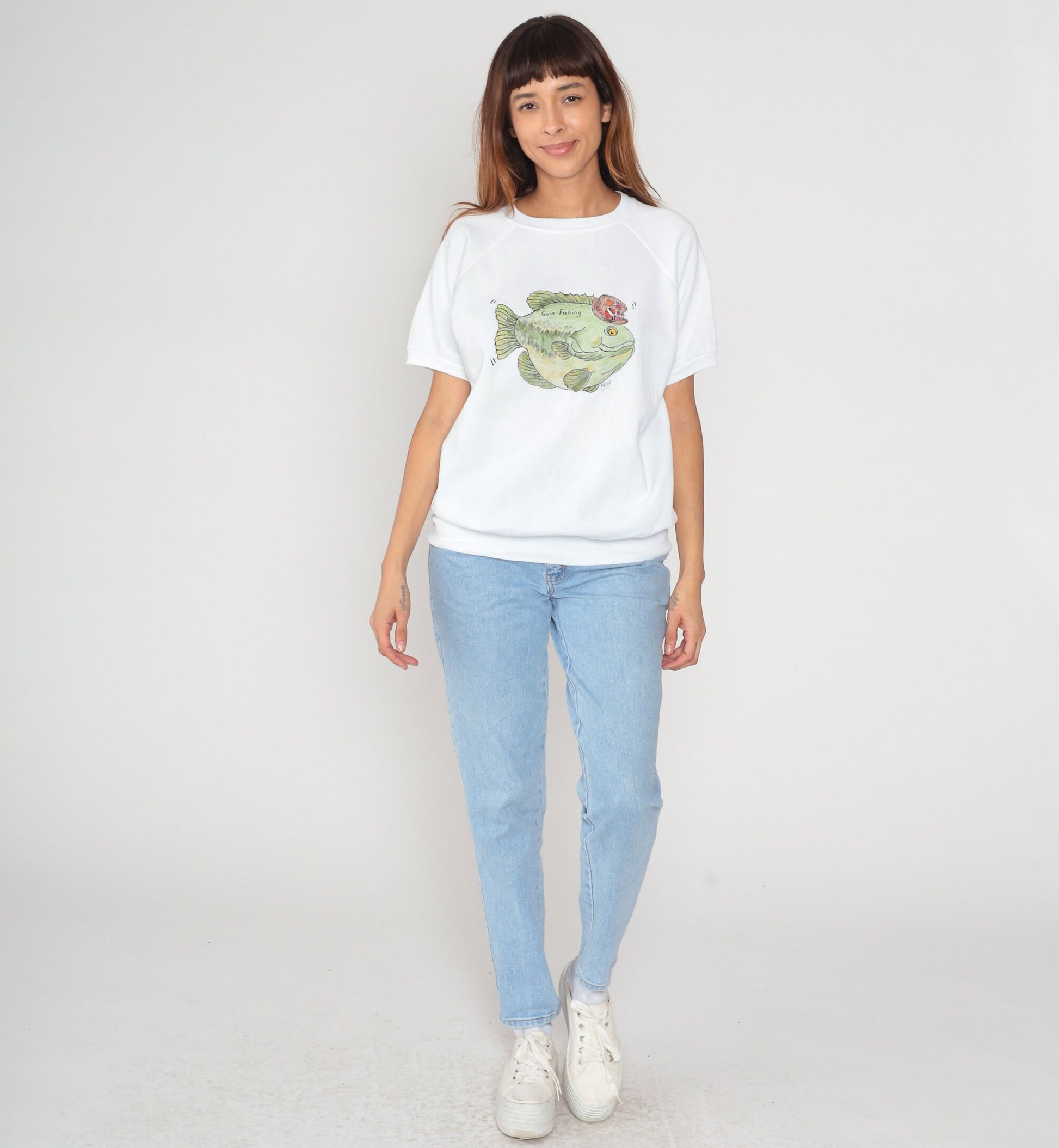 80s Gone Fishing Cartoon Graphic Raglan Sweatshirt White Large