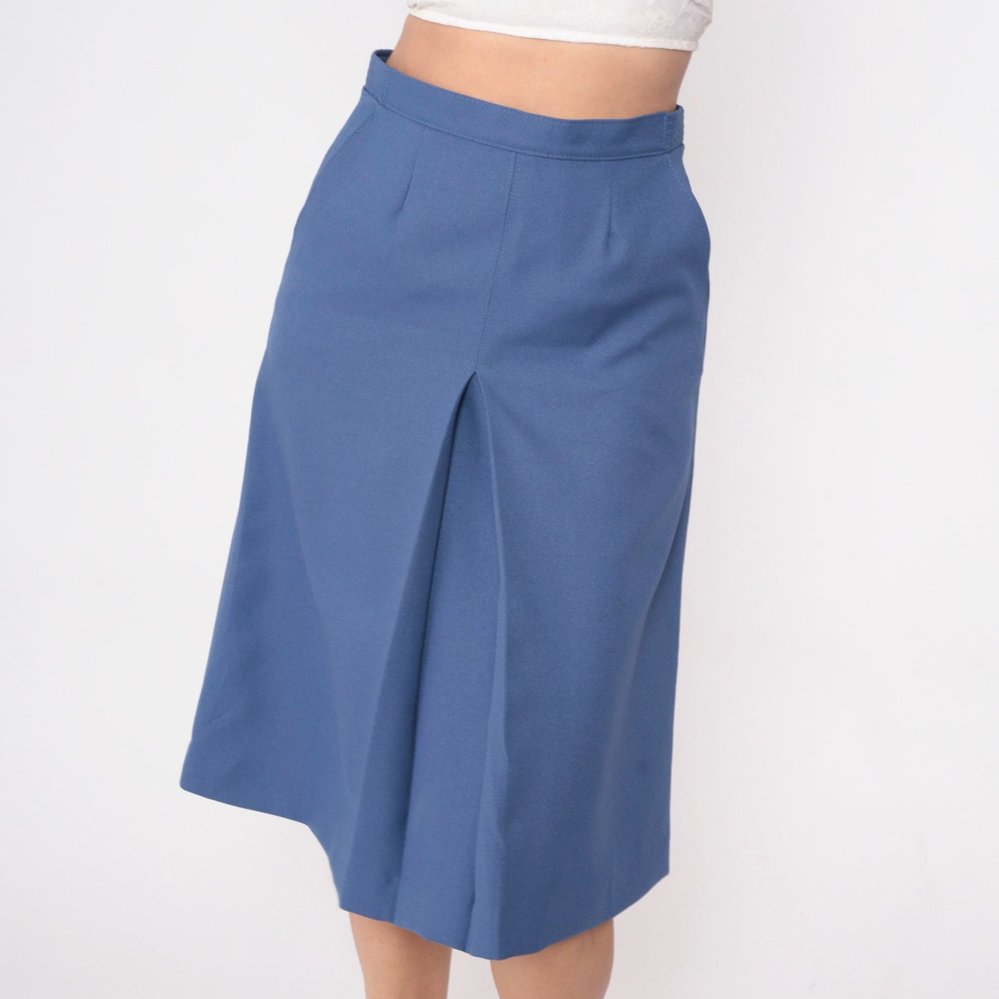 70s Dark Periwinkle Midi Skirt High Waisted Pleated A-Line Small