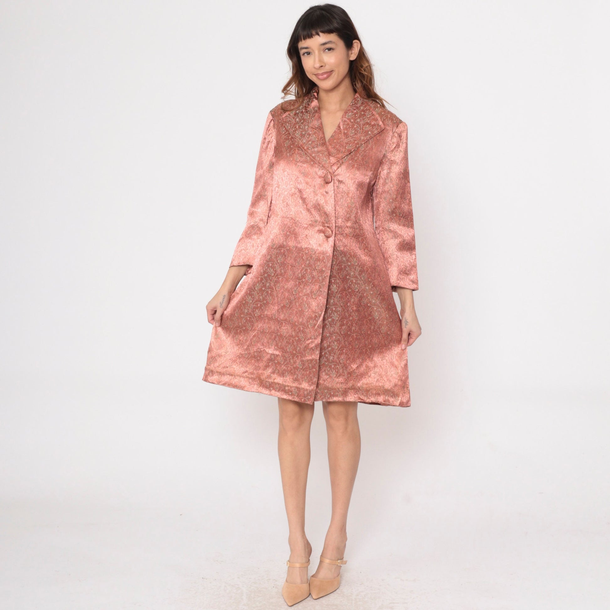 60s Pink Brocade Jacket Floral Bird Design Knee Length Button Up Medium