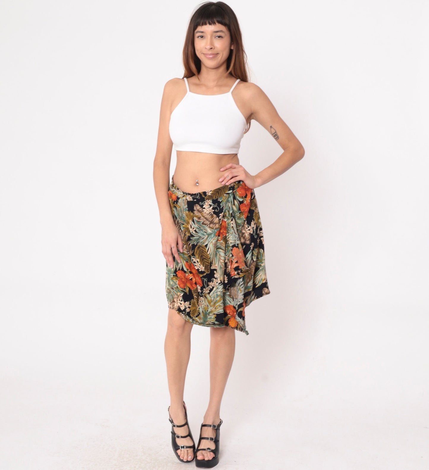 90s Carol Little Tropical Floral Mini Skirt Orange High Waist Faux Wrap Large