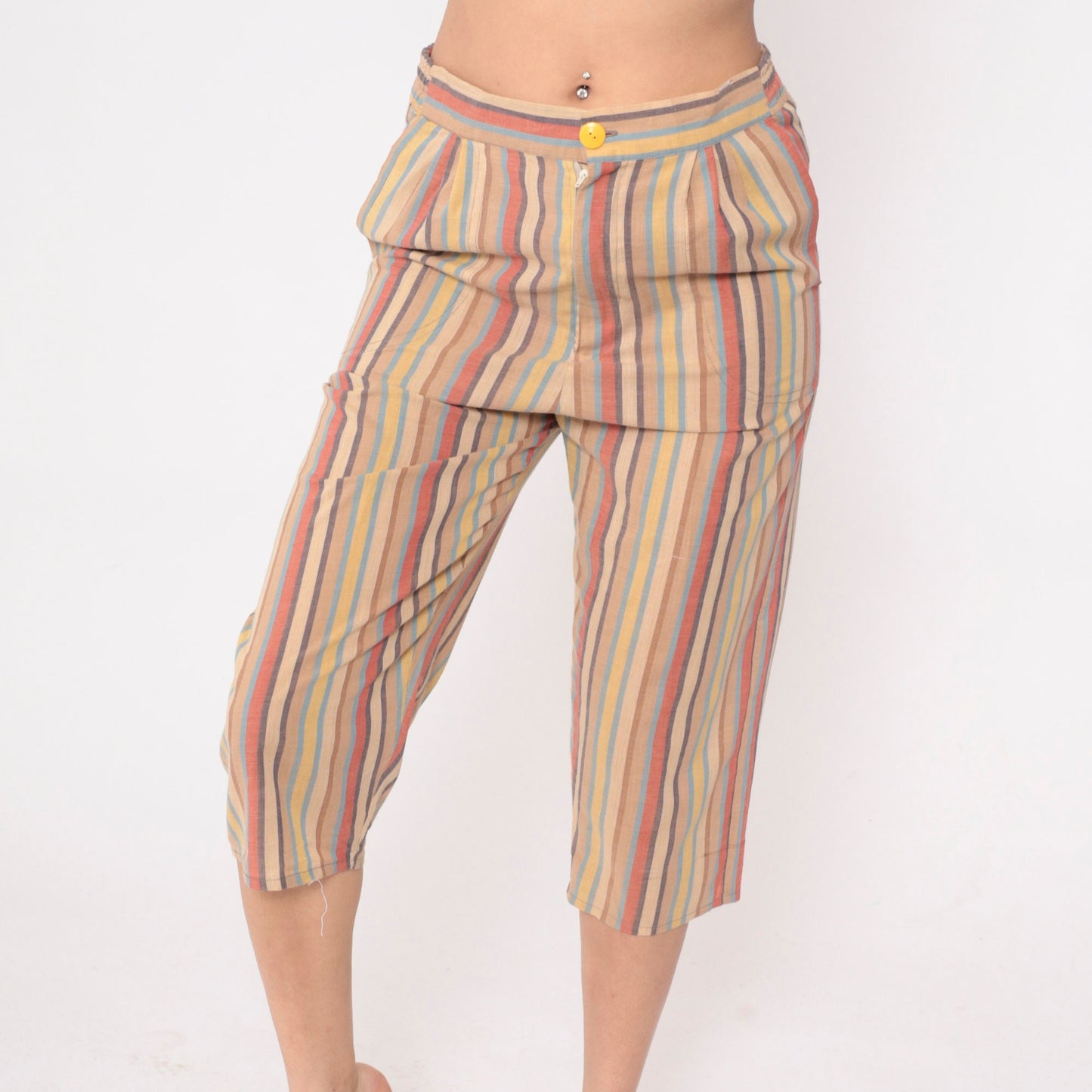70s Striped High-Waisted Capri Pants Multicolour Cropped Trousers Small