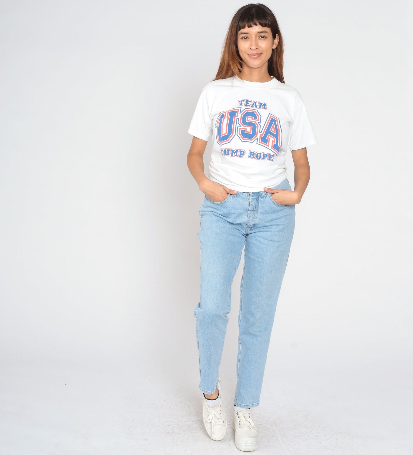 Y2K Team USA Jump Rope Graphic T-Shirt White Cotton Small
