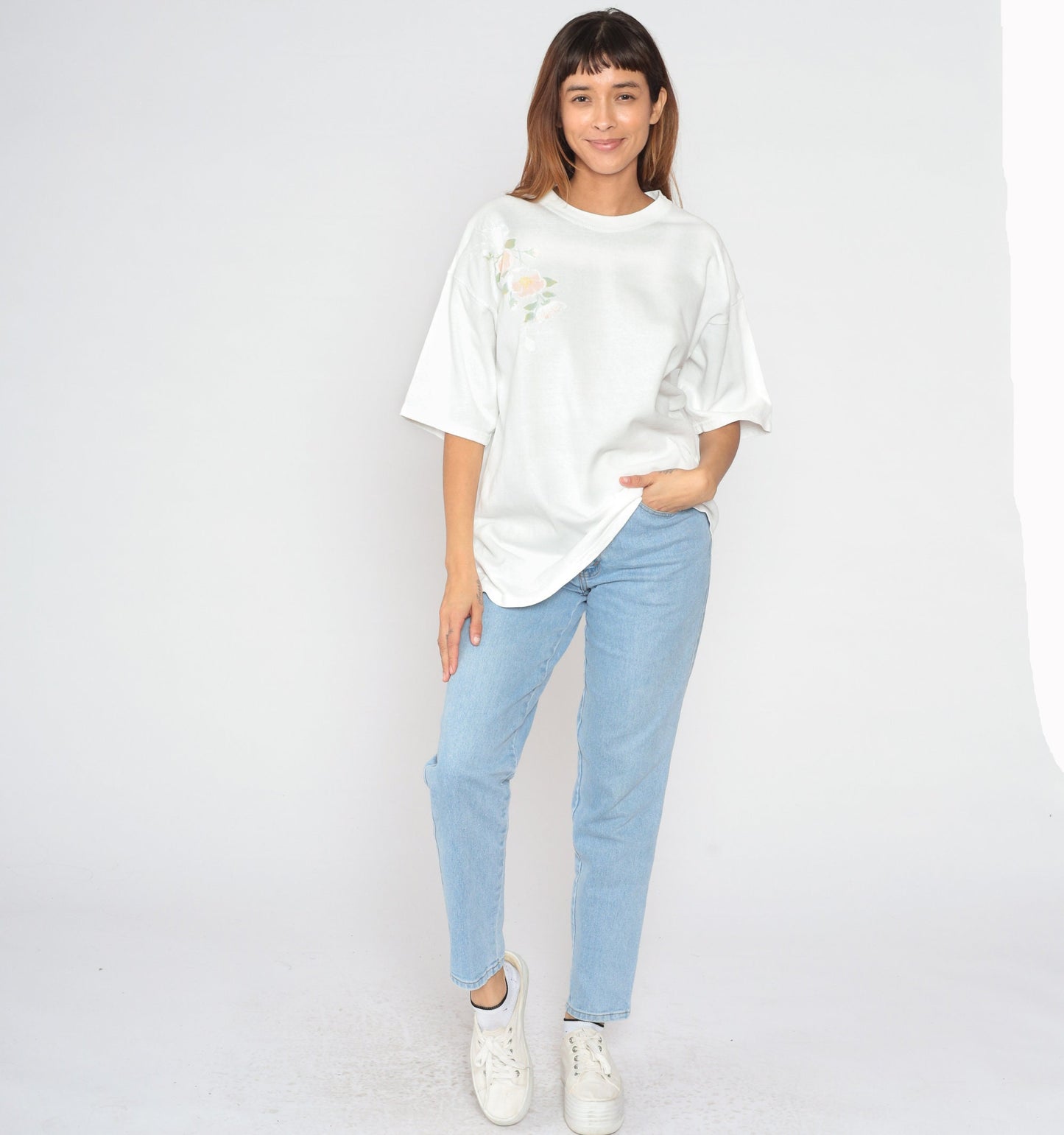 90s Lee White Floral Graphic T-Shirt Cotton Crewneck Large