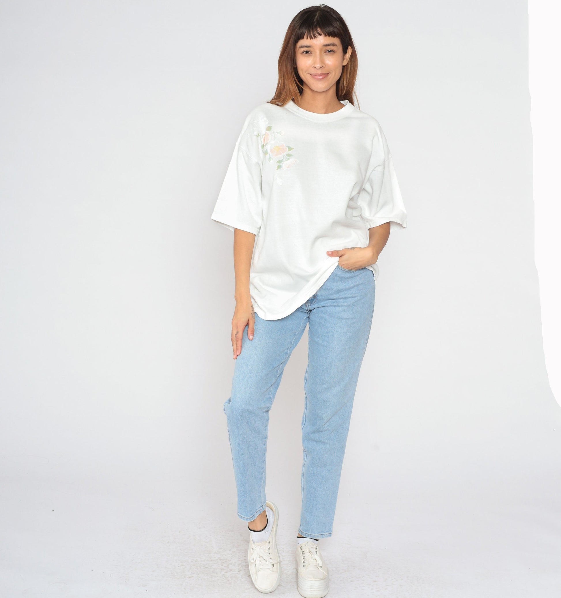 90s Lee White Floral Graphic T-Shirt Cotton Crewneck Large
