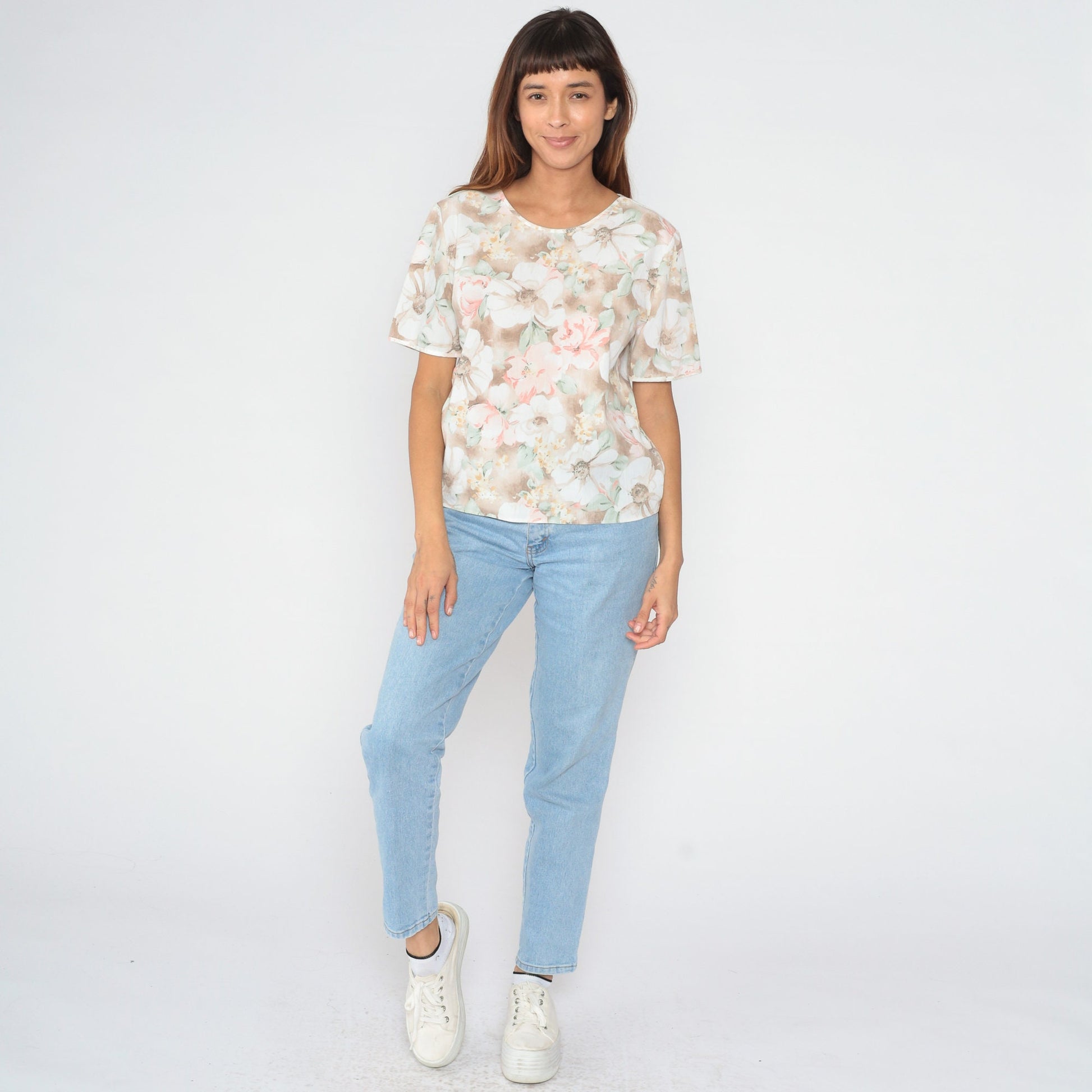 90s Muted Floral Blouse Watercolor Print Short Sleeve Top Small