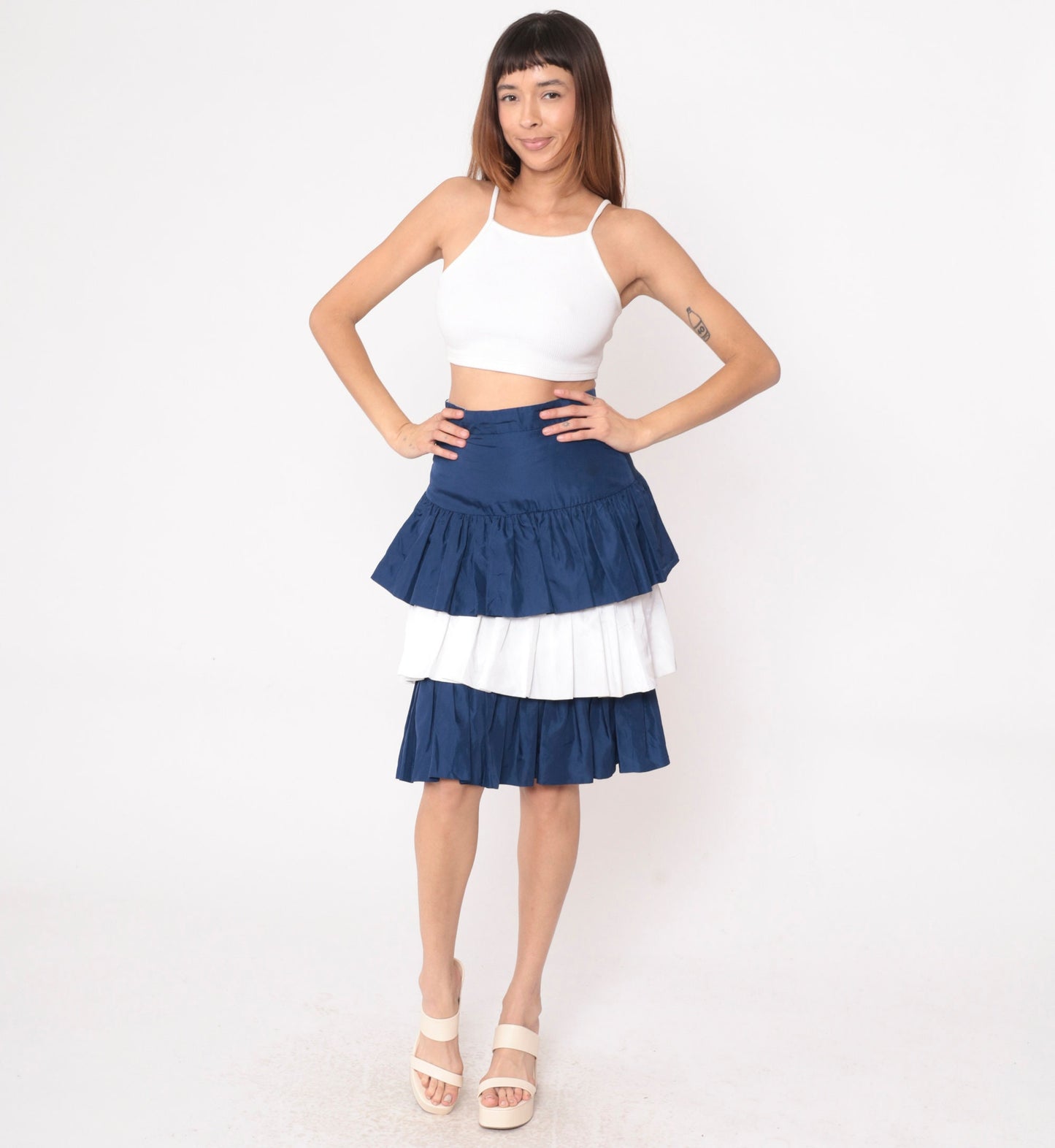 90s Tiered Midi Skirt Dark Blue White Color Block High Waist Small