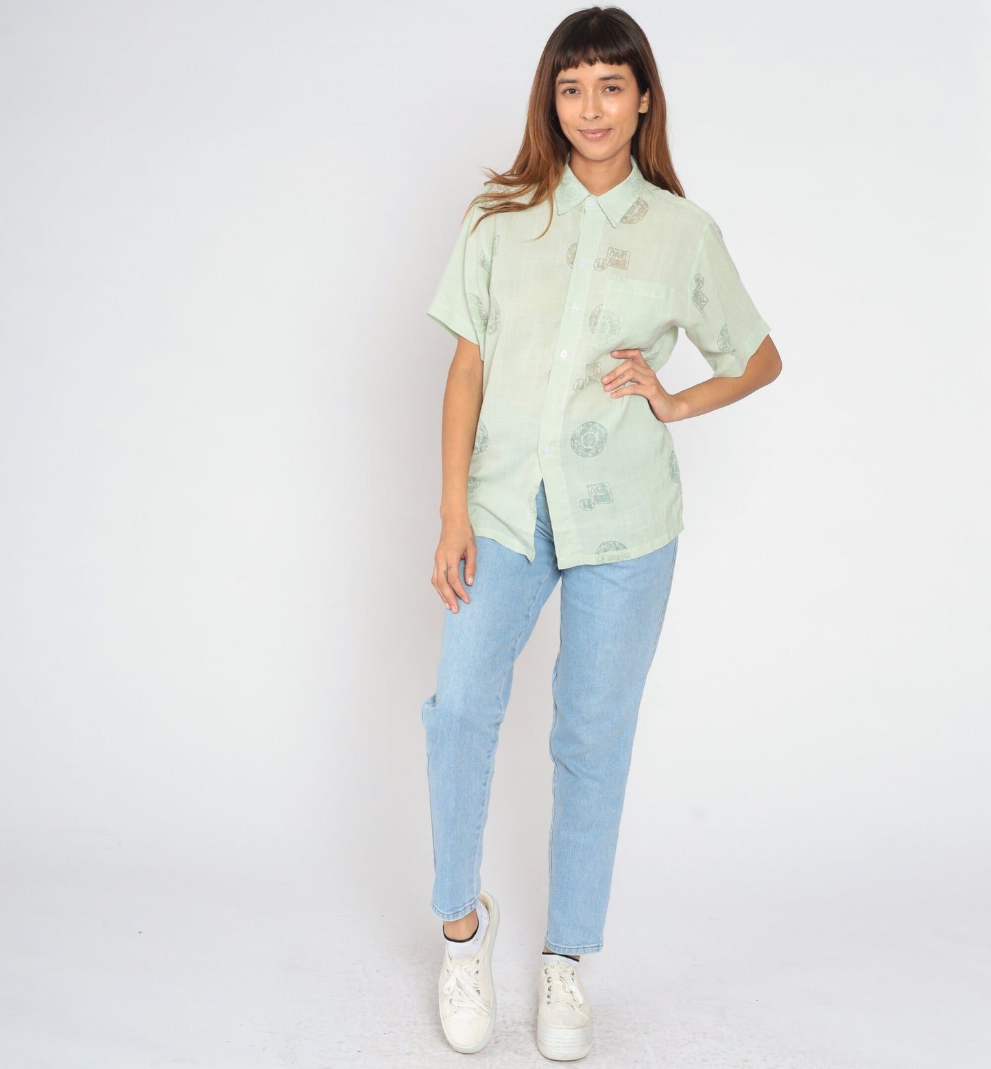 90s Quiksilver Medallion Print Button-Up Shirt Green Semi-Sheer Large L