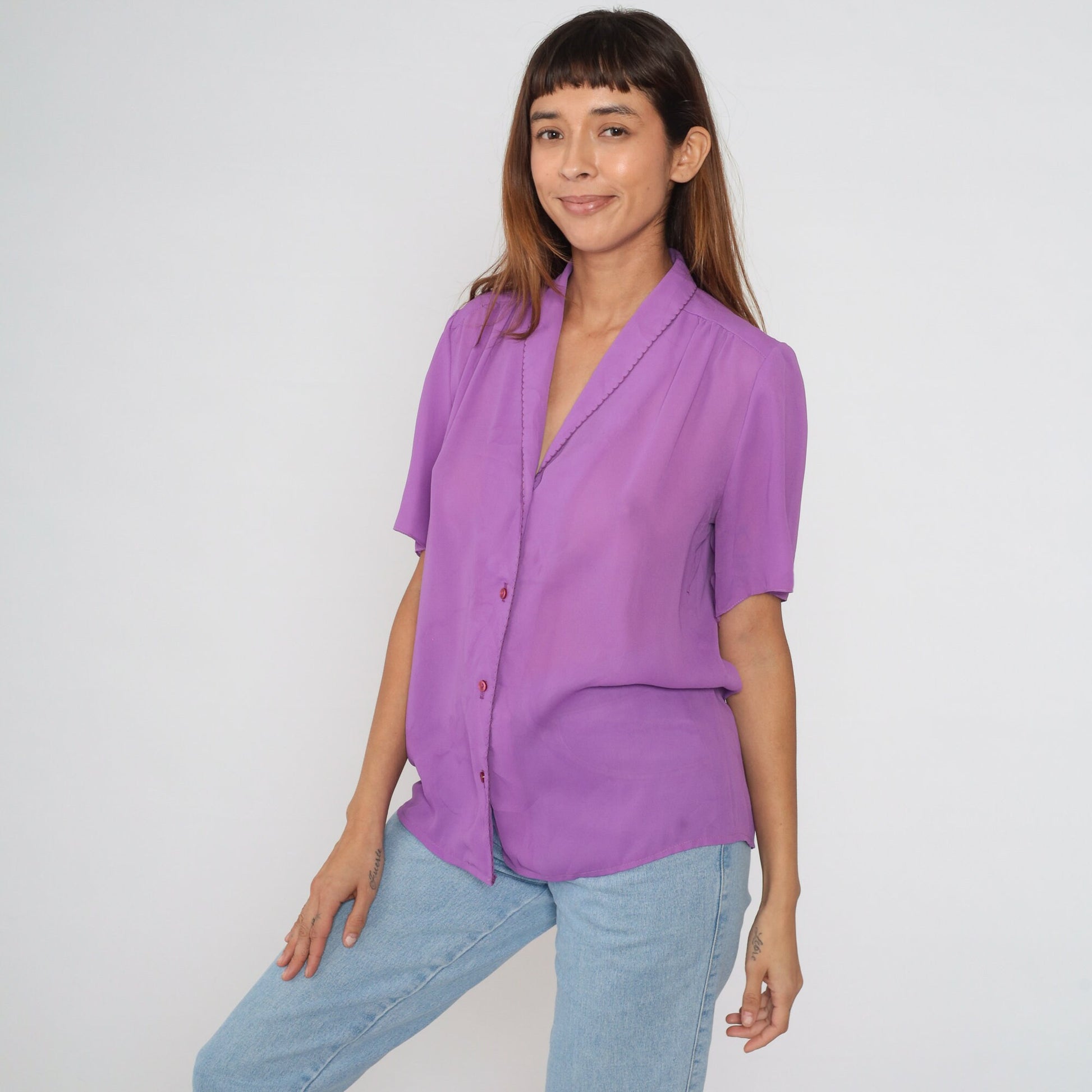 80s Purple Puff Sleeve Blouse Button Up Pleated Collared Top Large