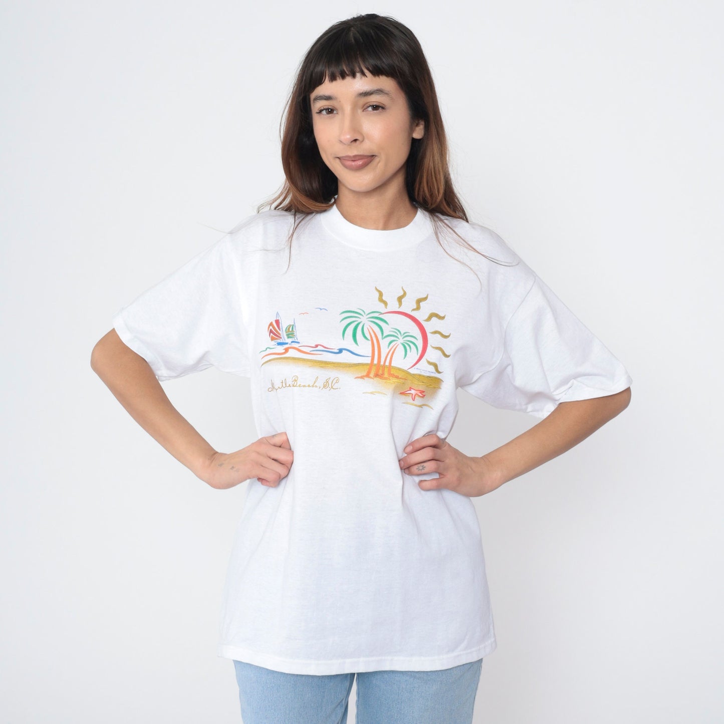 00s Myrtle Beach South Carolina Sailboat Graphic T-Shirt White Cotton Large