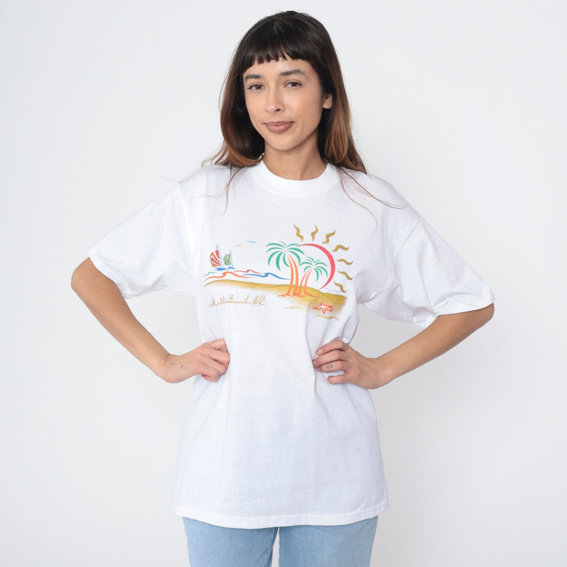 00s Myrtle Beach South Carolina Sailboat Graphic T-Shirt White Cotton Large
