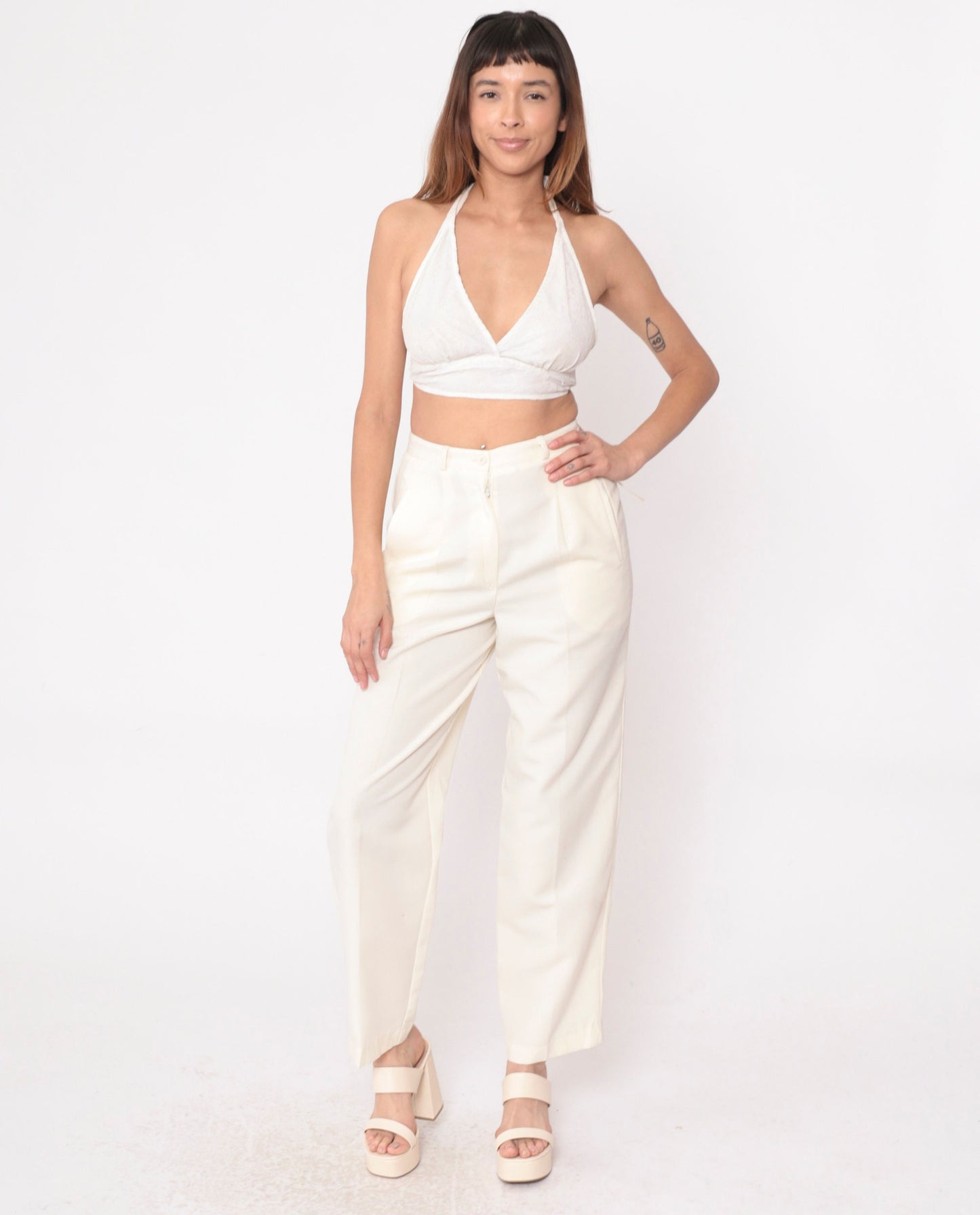 80s Cream High-Waisted Straight Leg Pants Pleated Welt Pockets Small S