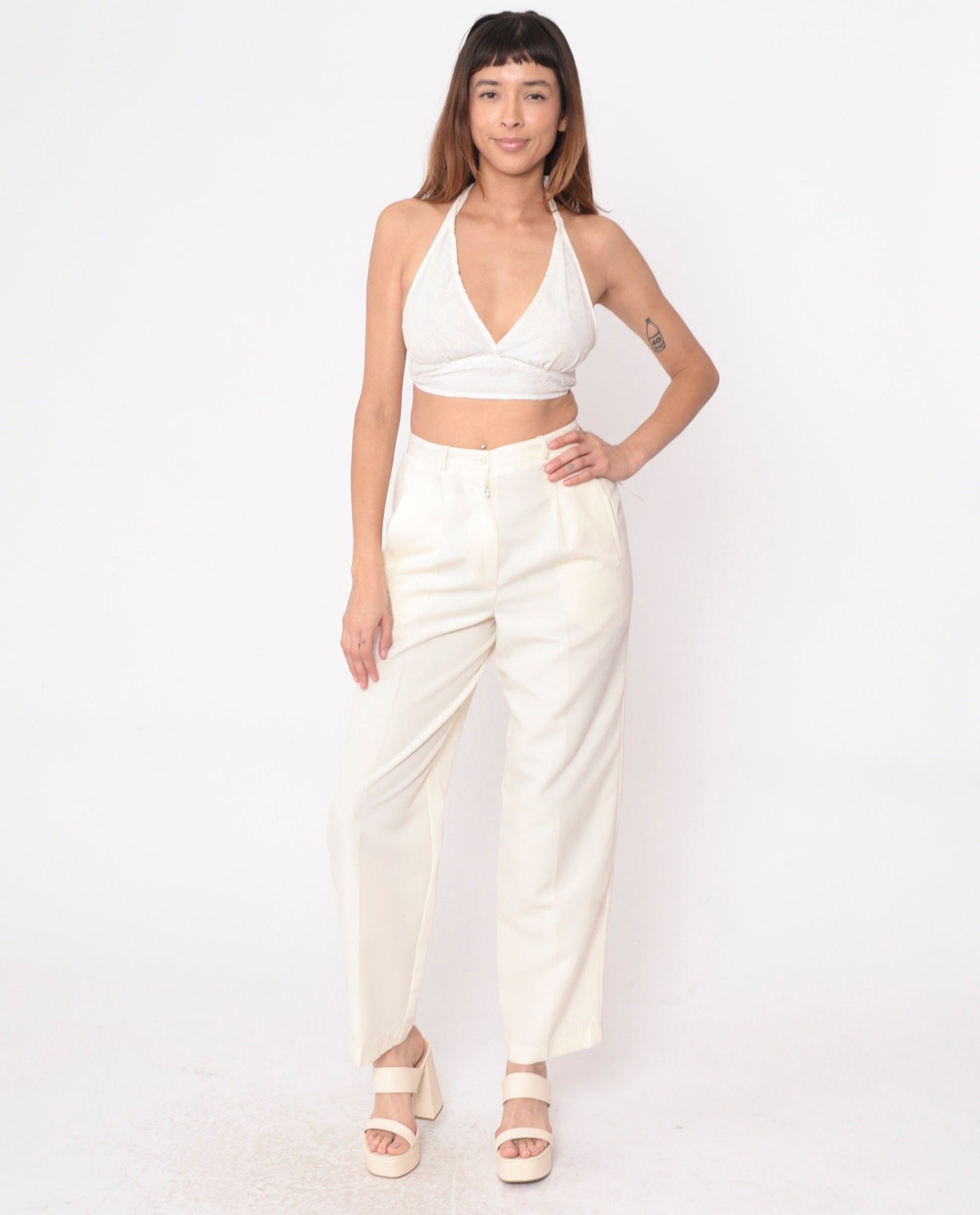 80s Cream High-Waisted Straight Leg Pants Pleated Welt Pockets Small S