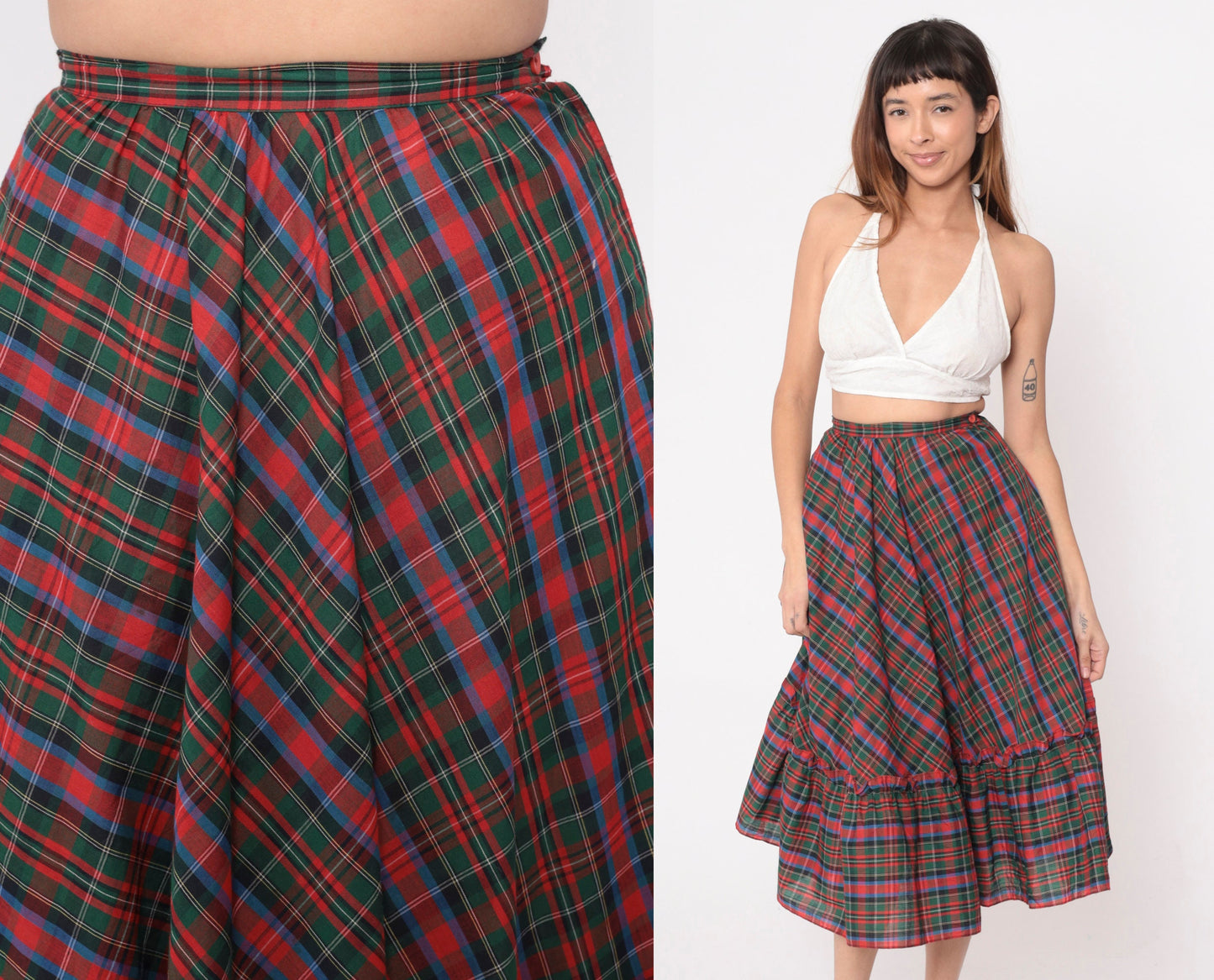 80s Plaid Midi Skirt Red Green Tartan High Waist Flounce Pocket Extra Small