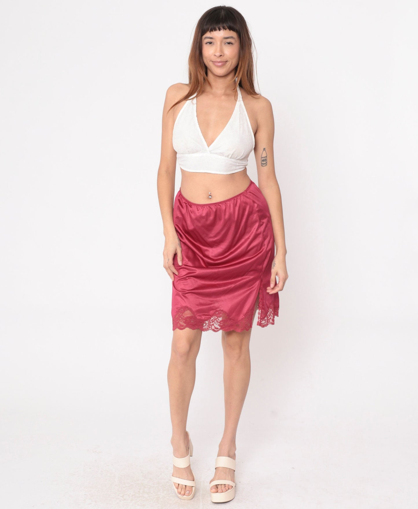 70s Raspberry Lace Slip Skirt High Waisted Front Slit Small Medium