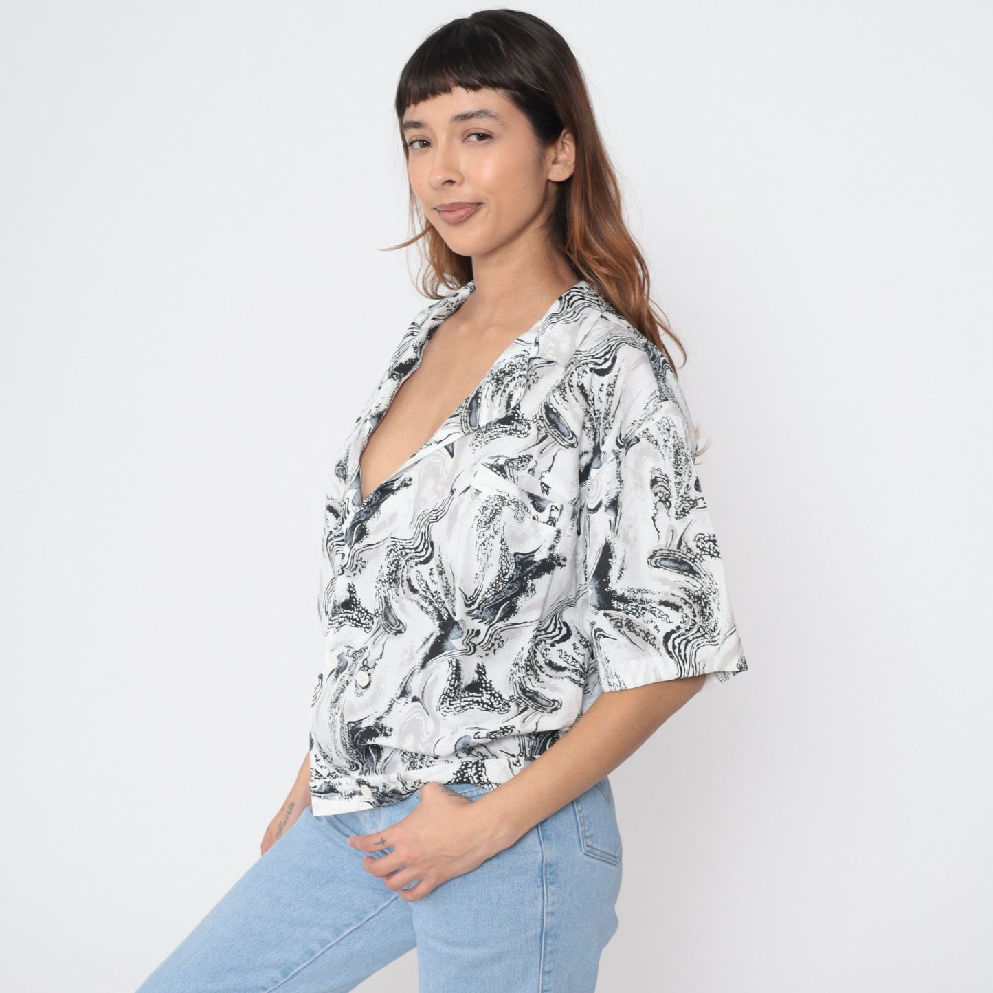 90s Marbled Swirl Button-Up Blouse Black White Deep V-Neck Short Sleeve Medium M