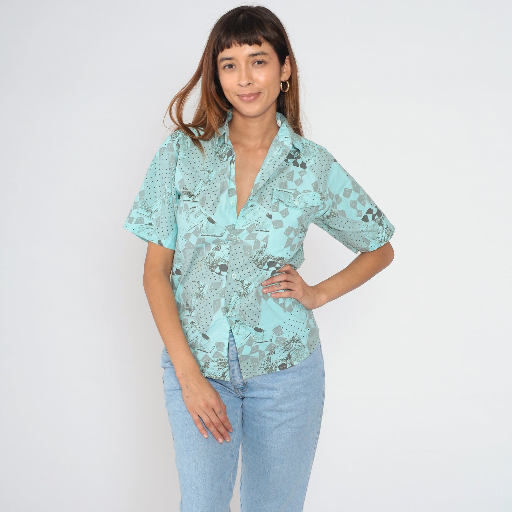 90s Permit Blue Button-Up Shirt Abstract Football Soccer Player Print Medium