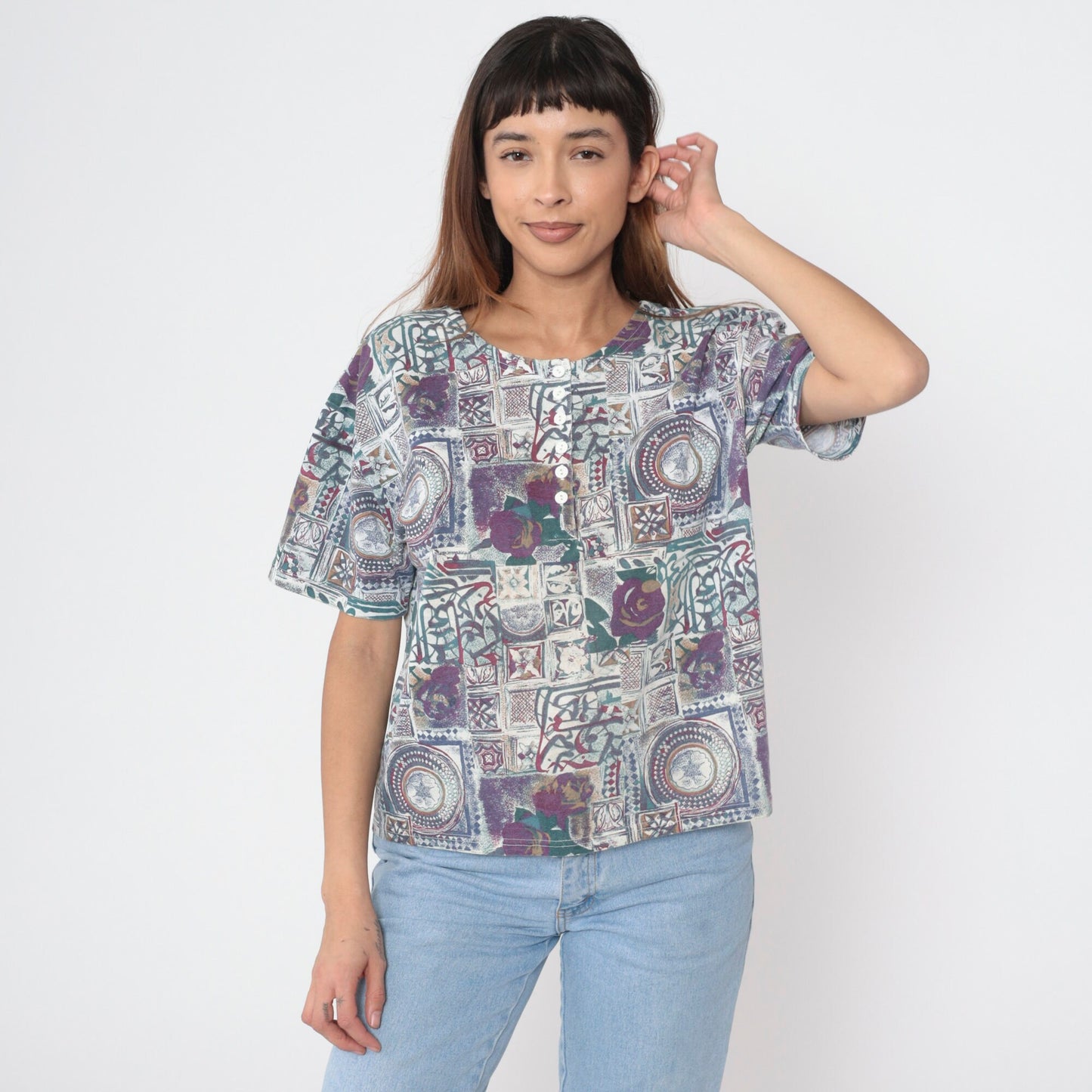 90s Purple Floral Mandala Henley Shirt Short Sleeve Button Up Large L