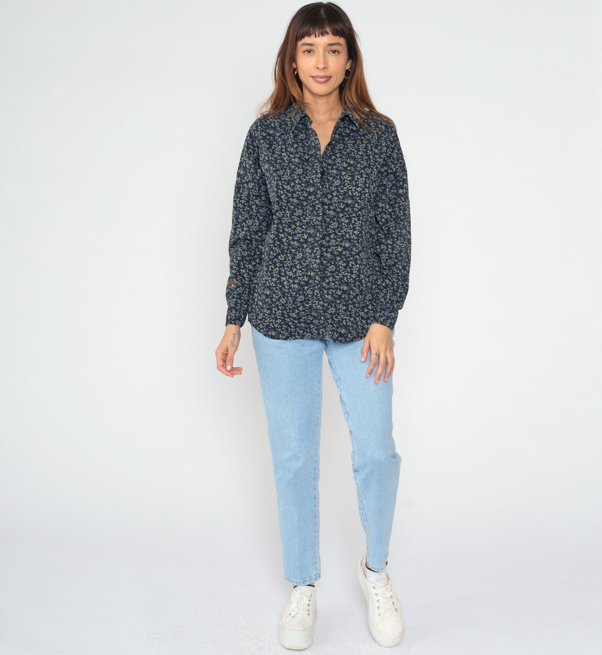 90s Black Corduroy Floral Button-Up Blouse Long Sleeve Collared Ditsy Print Large
