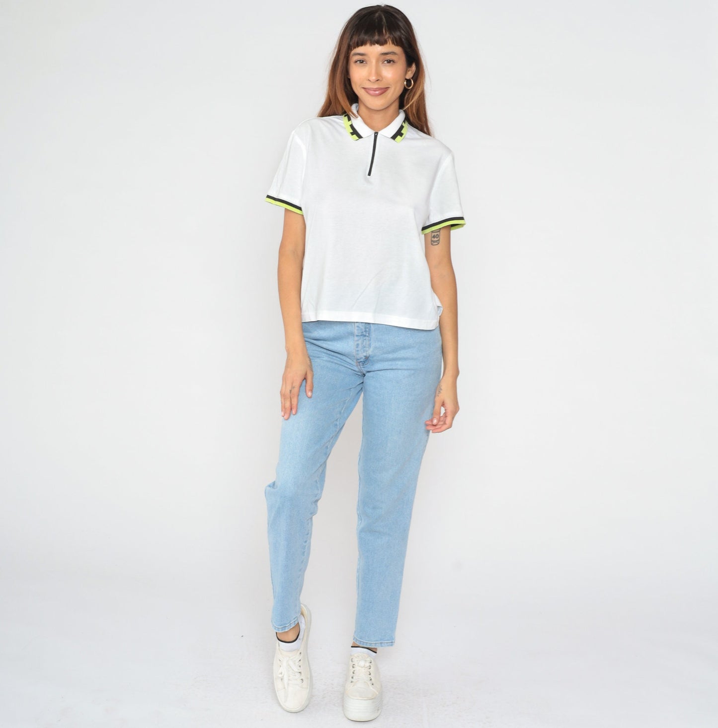 90s Lily's of Beverly Hills Half-Zip Polo White Striped Ringer Medium M