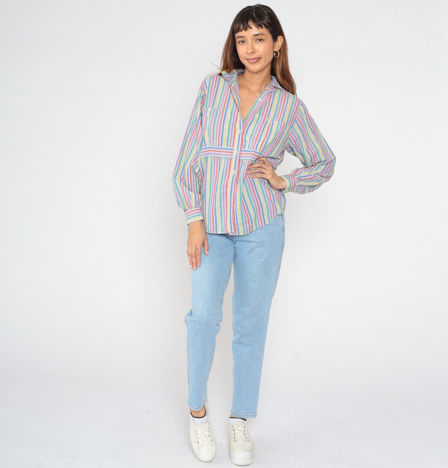 80s Rainbow Striped Button-Up Blouse Multicolor Long Sleeve Medium Large